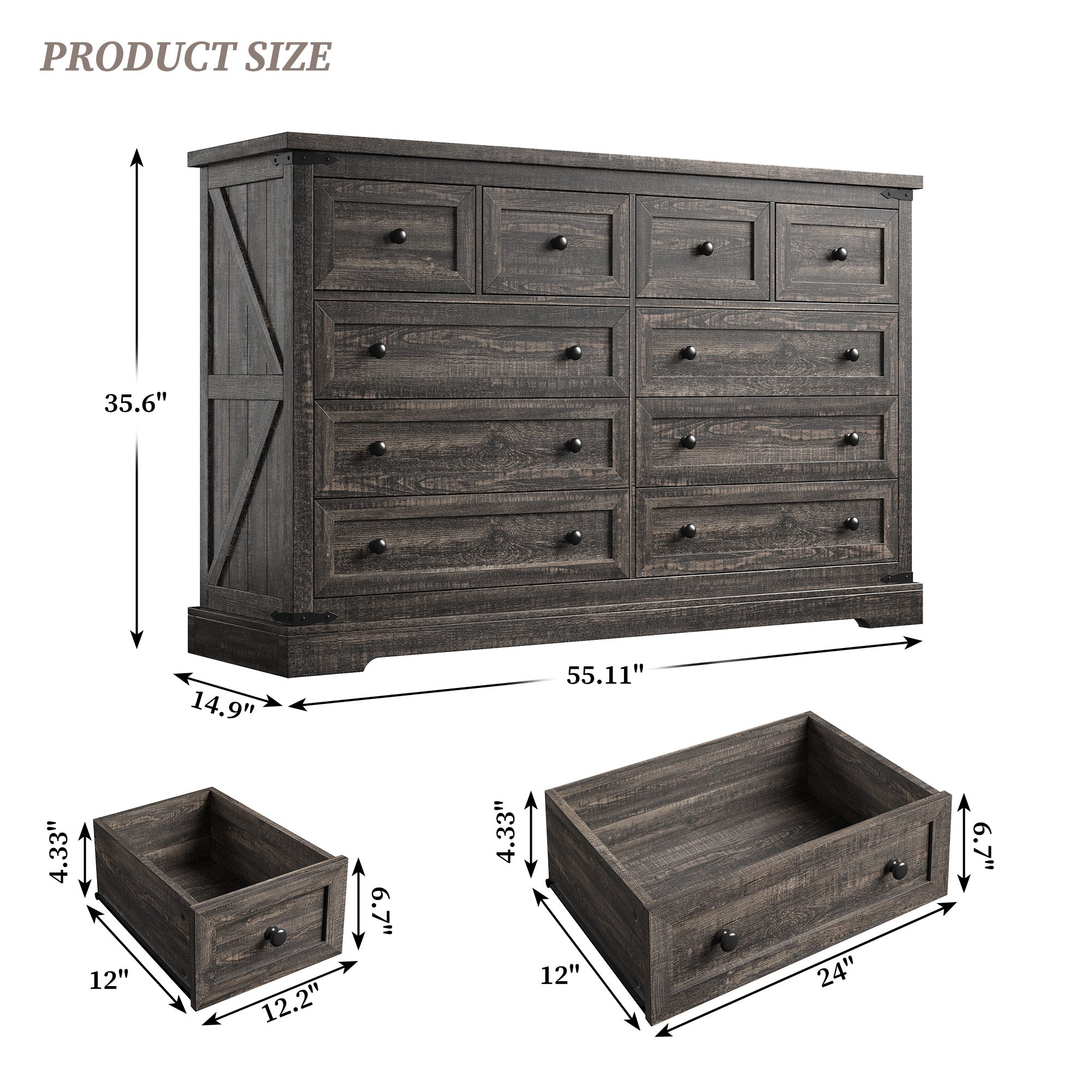 10-Drawer Farmhouse Dresser with Metal Rails - 55" Wide Bedroom Storage & TV Stand, 36"H x 15"D-White-snhomee
