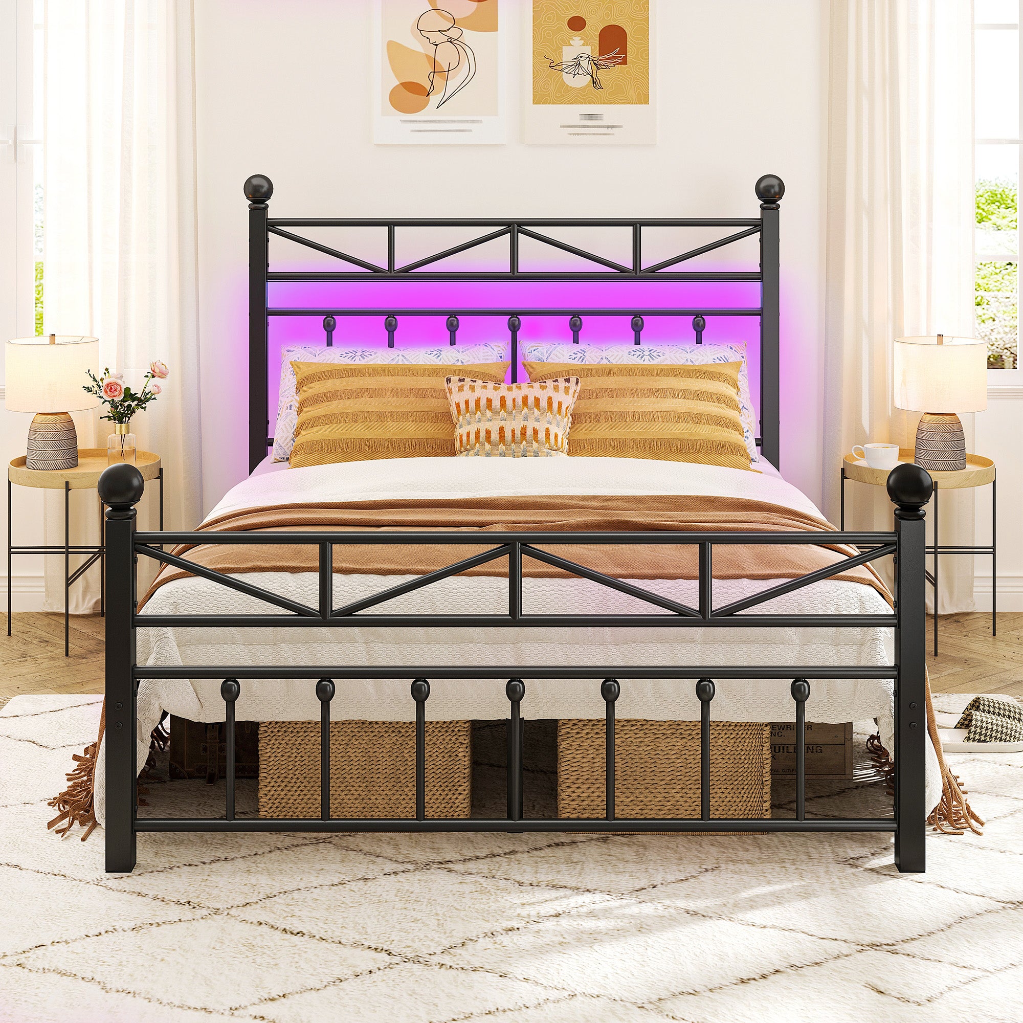 LED Metal Bed Frame with Tall Headboard & Footboard, Vintage Industrial Bed, Under Bed Storage & No Box Spring Needed, Noise-Free Design for Modern & Farmhouse Bedrooms