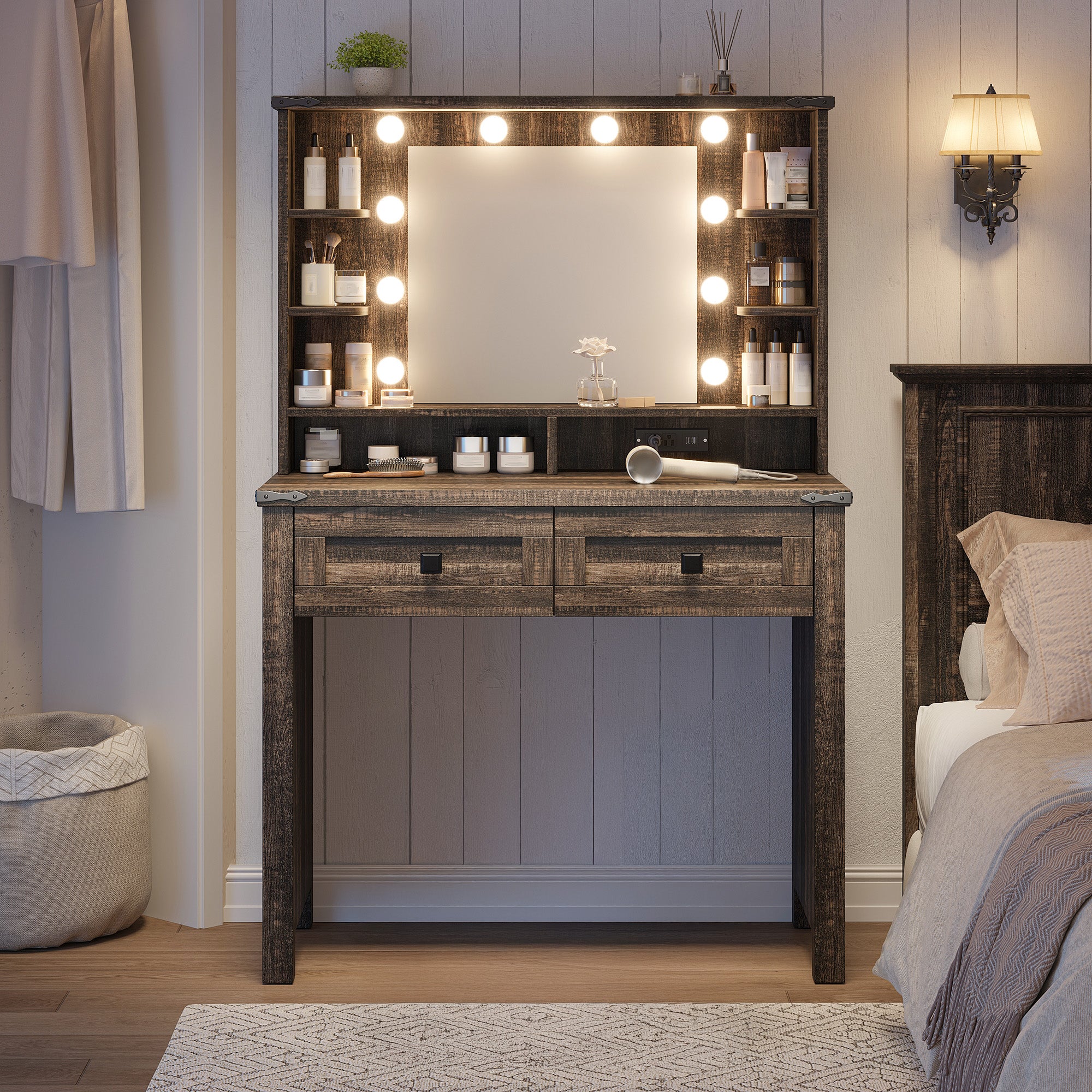 Farmhouse Makeup Vanity Desk with LED Mirror & Charging Station – 31.5" Wide, Adjustable 3-Color Lighting, 2 Storage Drawers & Shelves (Stool Not Included)