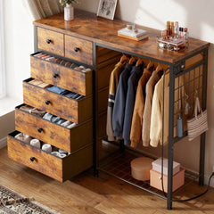 Snhomee 49.2" W Dresser with Hanging Rack & LED Lights - 6-Drawer Storage + Charging Station for Bedroom/Closet/Dorm, Rustic Brown, Space-Saving‌&Dorm Essential‌