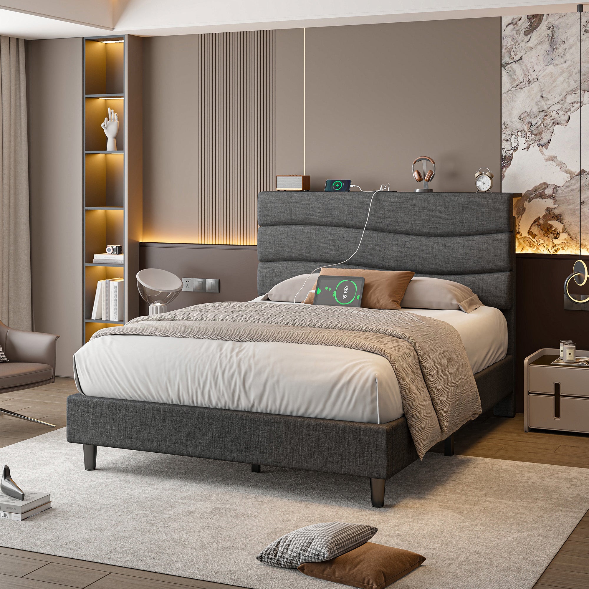 SnHomee Upholstered Bed Frame with Storage Headboard & Charging Station - USB Ports, Adjustable Fabric Headboard, Noise-Free Design, No Box Spring Needed, Back to School Beds On Sale