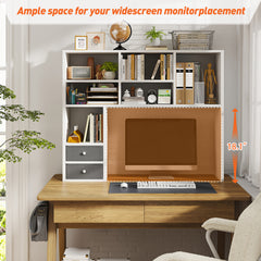 Snhomee 8-Shelf Desktop Organizer with 2 Drawers - 37" Wide Adjustable Bookshelf for Home Office & Dorm, Fits 27" Monitor (White)"