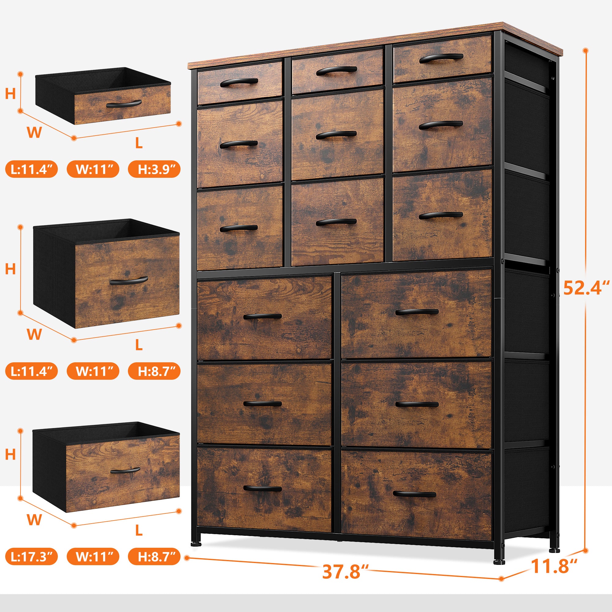 Dresser for Bedroom with 15 Drawers, Sturdy Metal Frame & Wood Top, Top Large Fabric Chest of Drawers, Closet, Livingroom-Furniture > Dresser-37.8"W x 11.8"D x 52.4"H-Black-snhomee