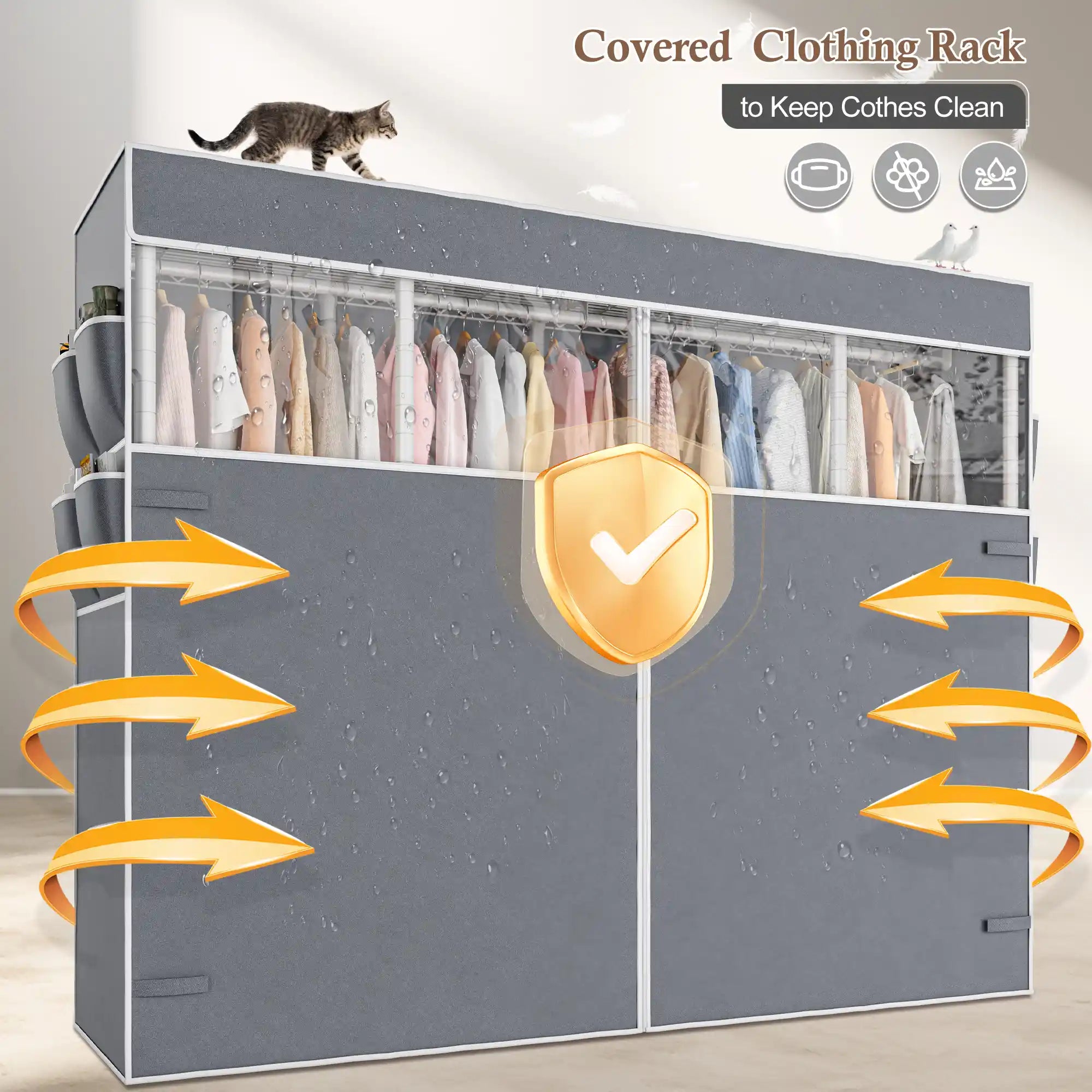 76"W Heavy Duty Clothes Rack with Cover,1150LBS Wardrobe Closet,Adjustable Portable Closet for Bedroom