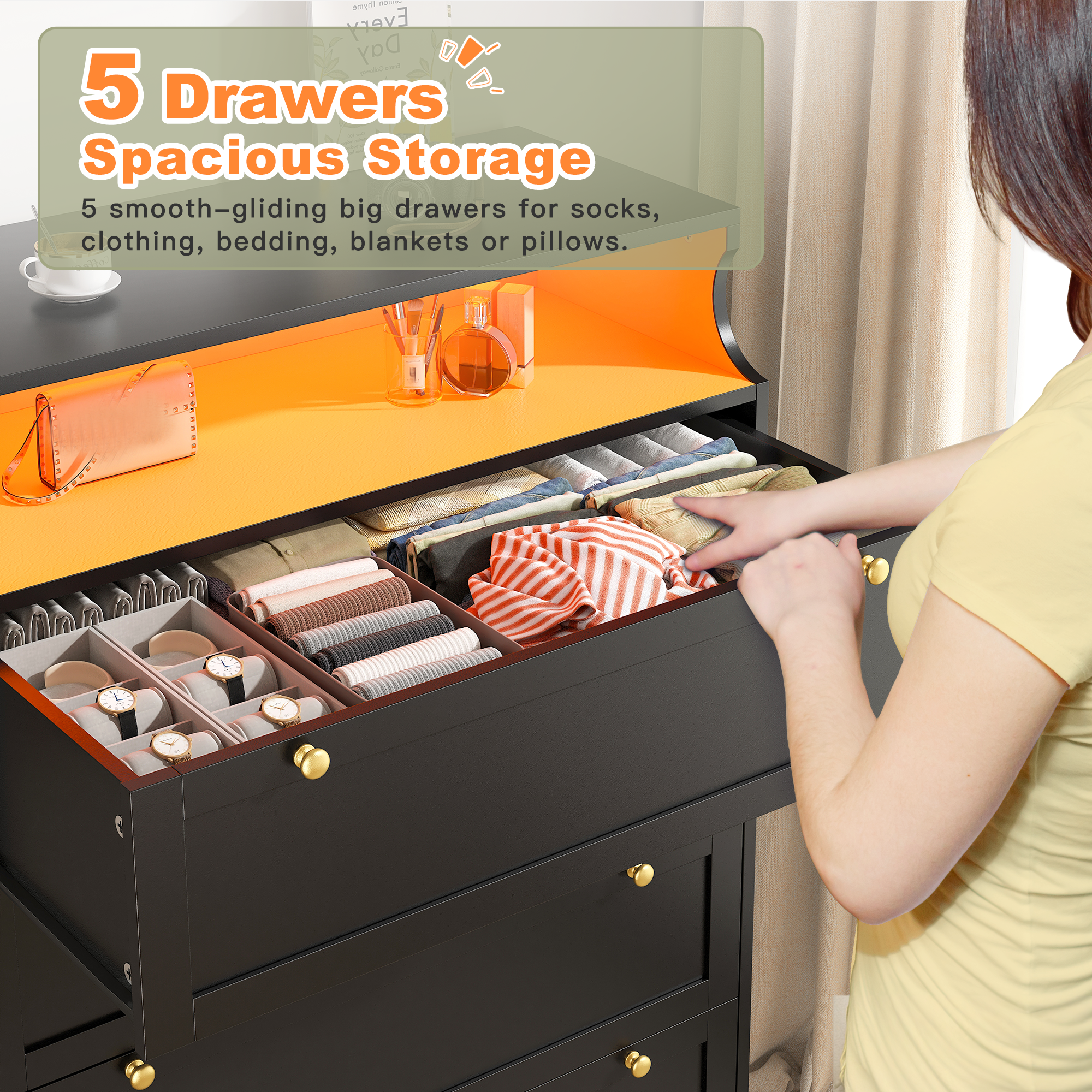 48.5" Tall Dresser with LED Lights & 5 Deep Drawers - Modern Bedroom Storage Cabinet, 16-Color RGB Lighting, Waterproof Surface& Open Shelf, for Bedroom, Living Room, Entryway