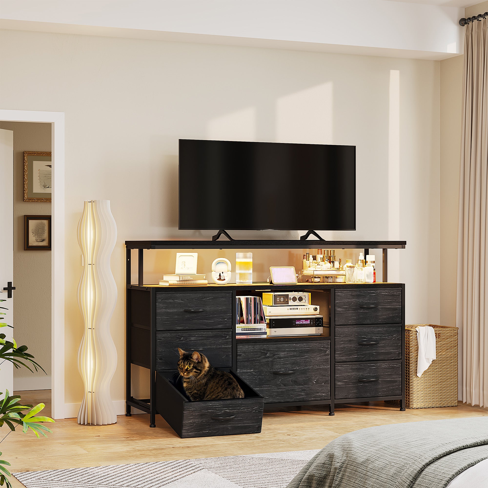 55" Media Entertainment Center Dresser with LED & Power Outlets | 7 Fabric Drawers & Wood Shelves | Bedroom/Living Room TV Stand with Sturdy Metal Frame-Black-snhomee