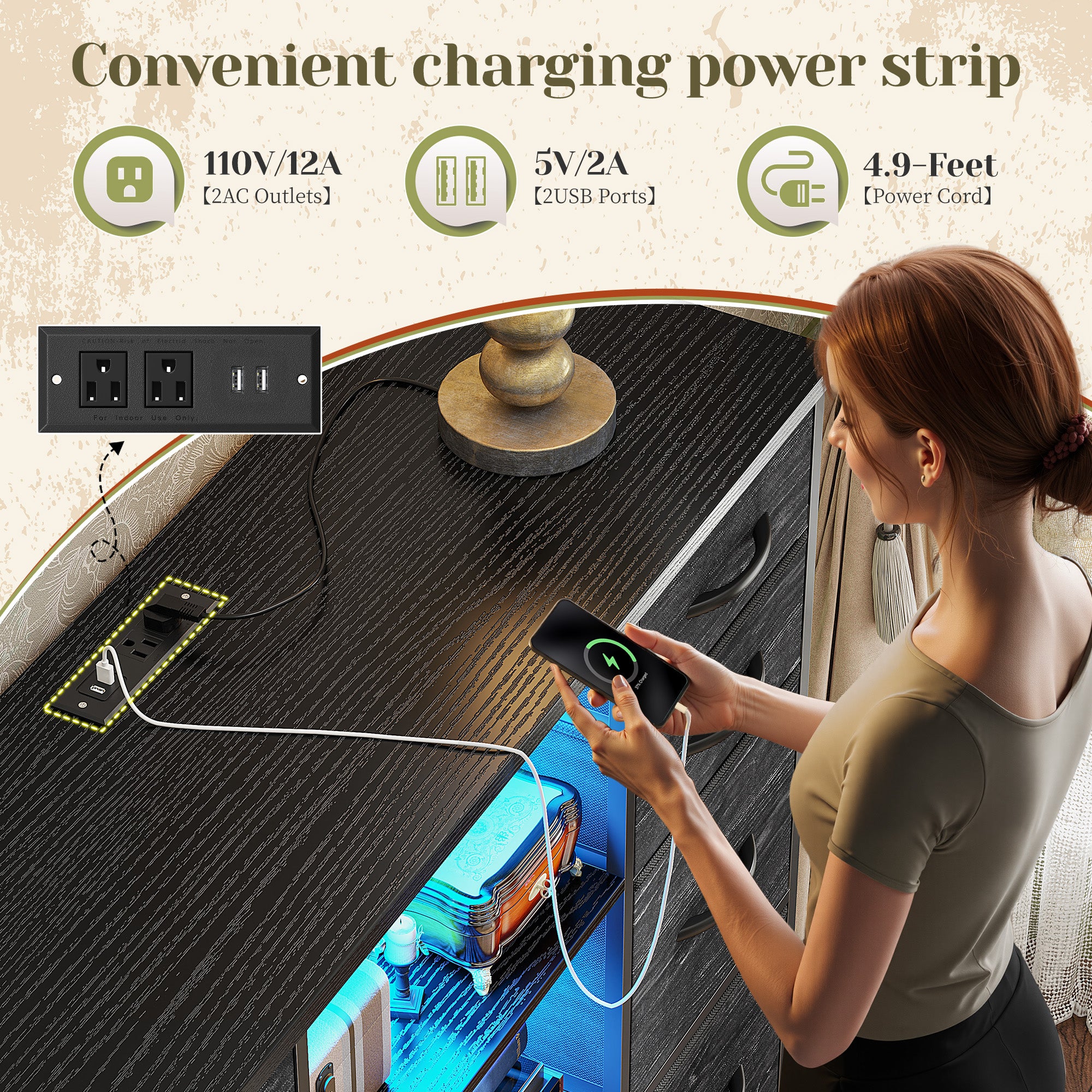 15-Drawer Smart Dresser with Charging Station & LED Lights - 51" Tall Fabric Storage Organizer, Steel Frame, Wood Shelves | No Assembly Hassle, Anti-Tip Safety, for Bedroom, Closet, Hallway
