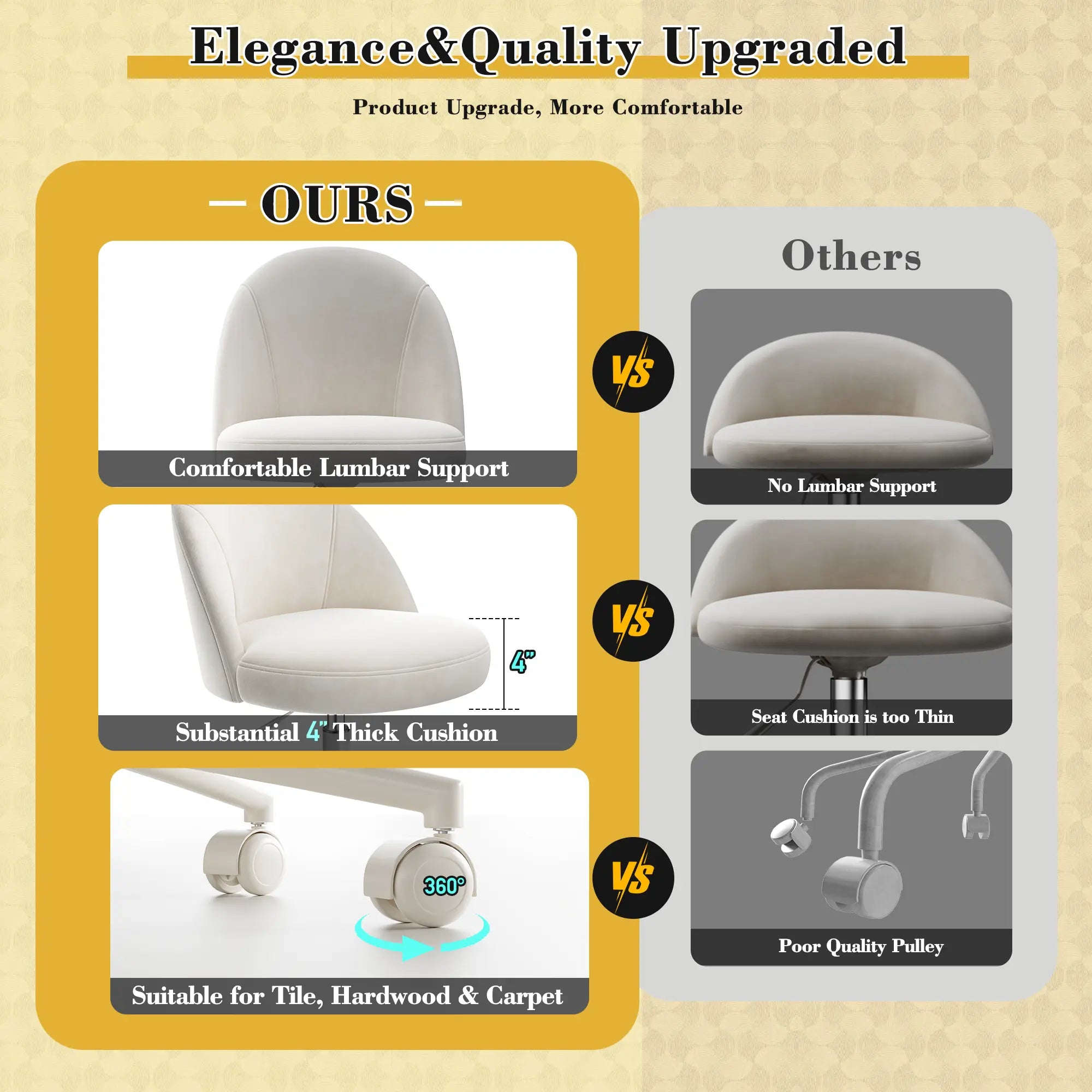 Snhomee Velvet Vanity Chair with Back and Wheels – Adjustable Armless Desk Chair for Bedroom, Office & Vanity