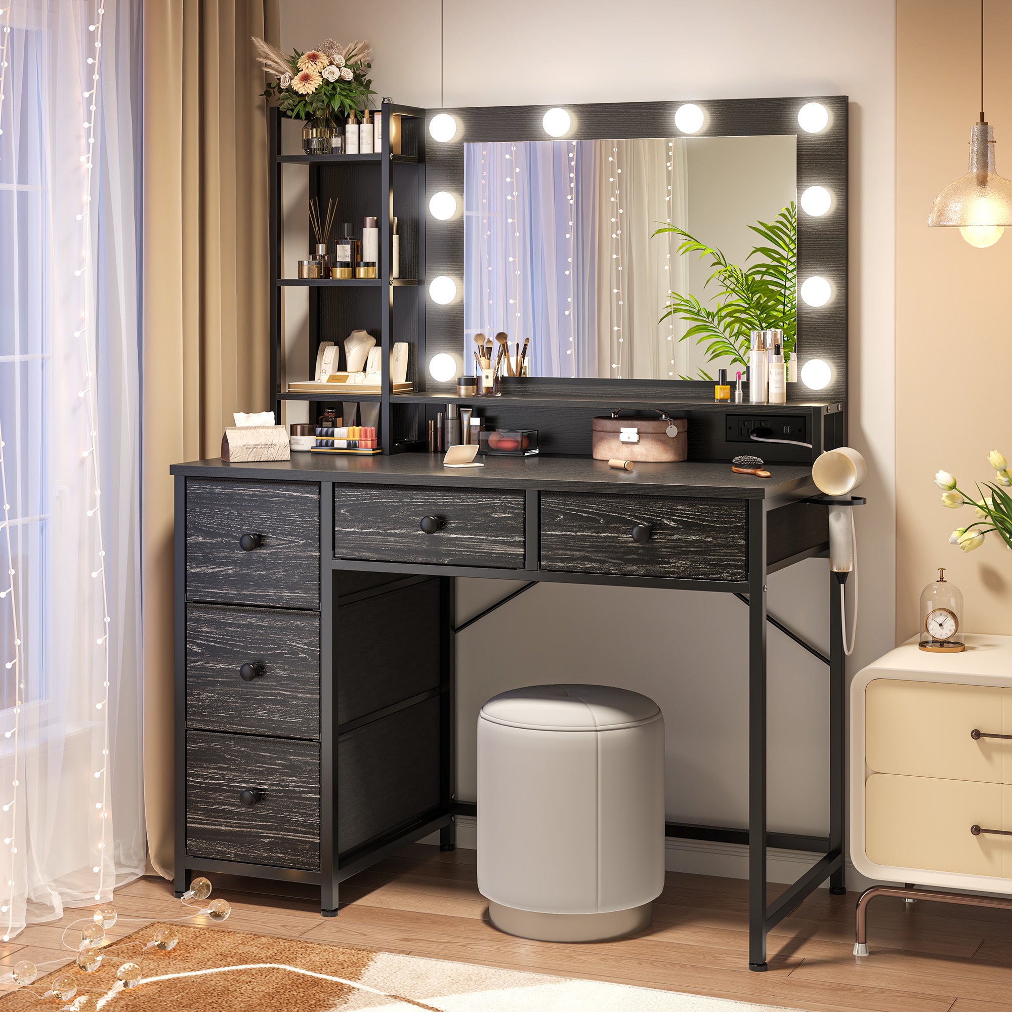 LED Vanity Desk with Mirror, 5 Drawers & Power Outlet - 3 Light Modes, Adjustable Brightness Dressing Table