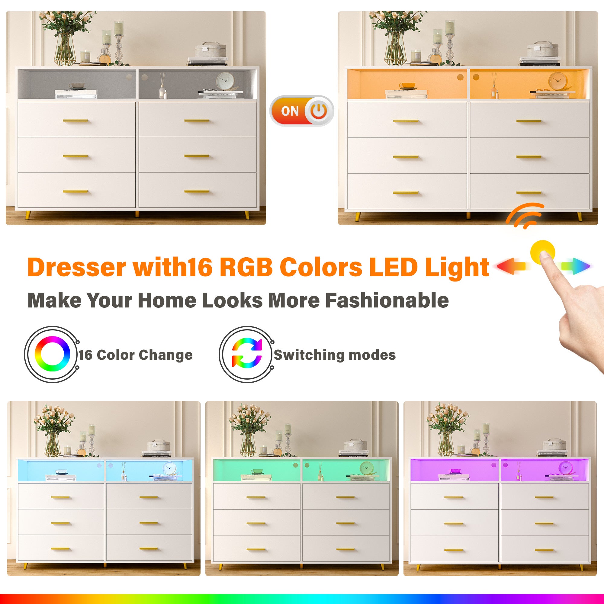 6 Drawers Dresser with LED Lights, Large TV Stand, 2 Open Shelves Top, 47"W Modern Chest with Anti-Tip Safety for Bedroom, Living Room & Small Spaces