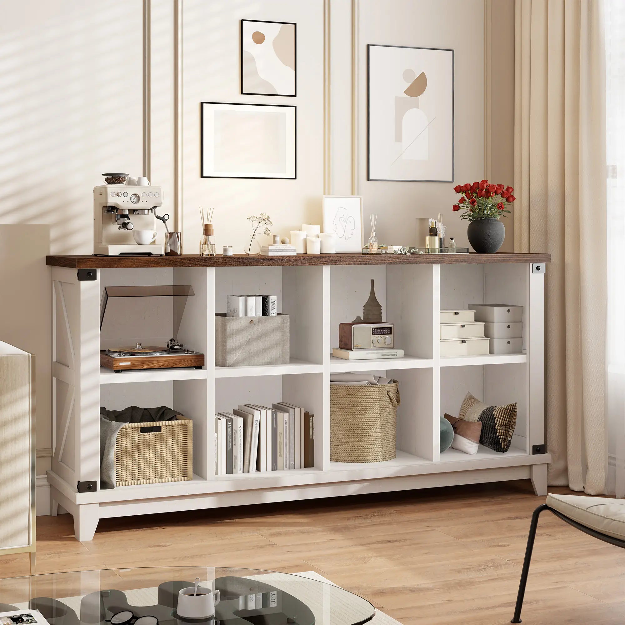 Snhomee 8-Cube Storage Organizer – Heavy Duty Rustic Farmhouse Wood Bookshelf for Bedroom, Living Room & Office