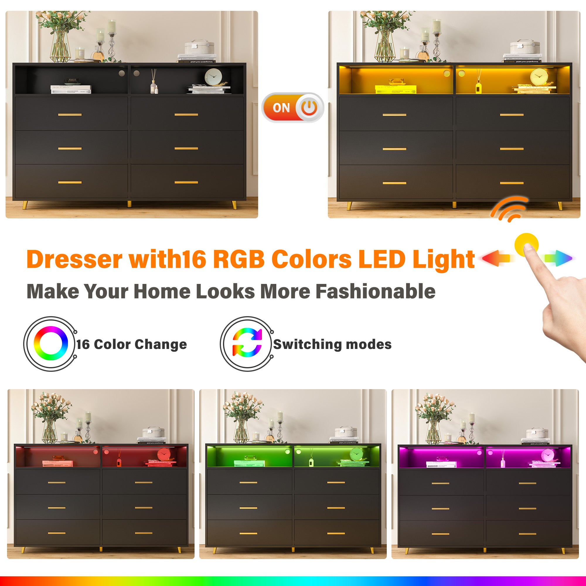 6 Drawers Dresser with LED Lights, Large TV Stand, 2 Open Shelves Top, 47"W Modern Chest with Anti-Tip Safety for Bedroom, Living Room & Small Spaces