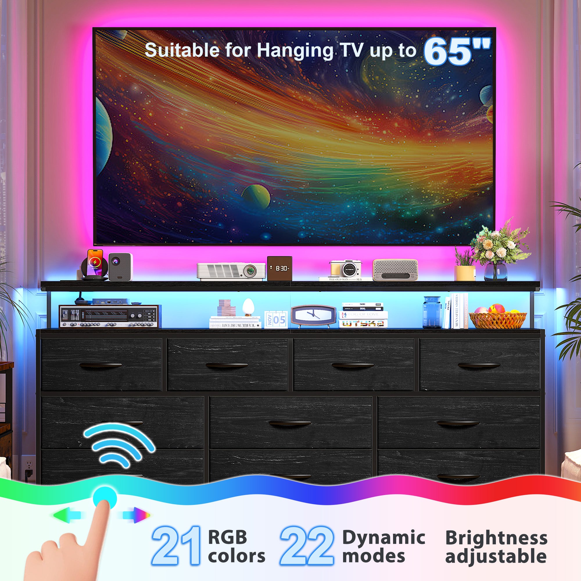 55" Wide LED Dresser with Power Outlets & 10 Drawers | Large Metal Frame & Wood Top Storage Organizer for Bedroom-Charcoal Black-snhomee