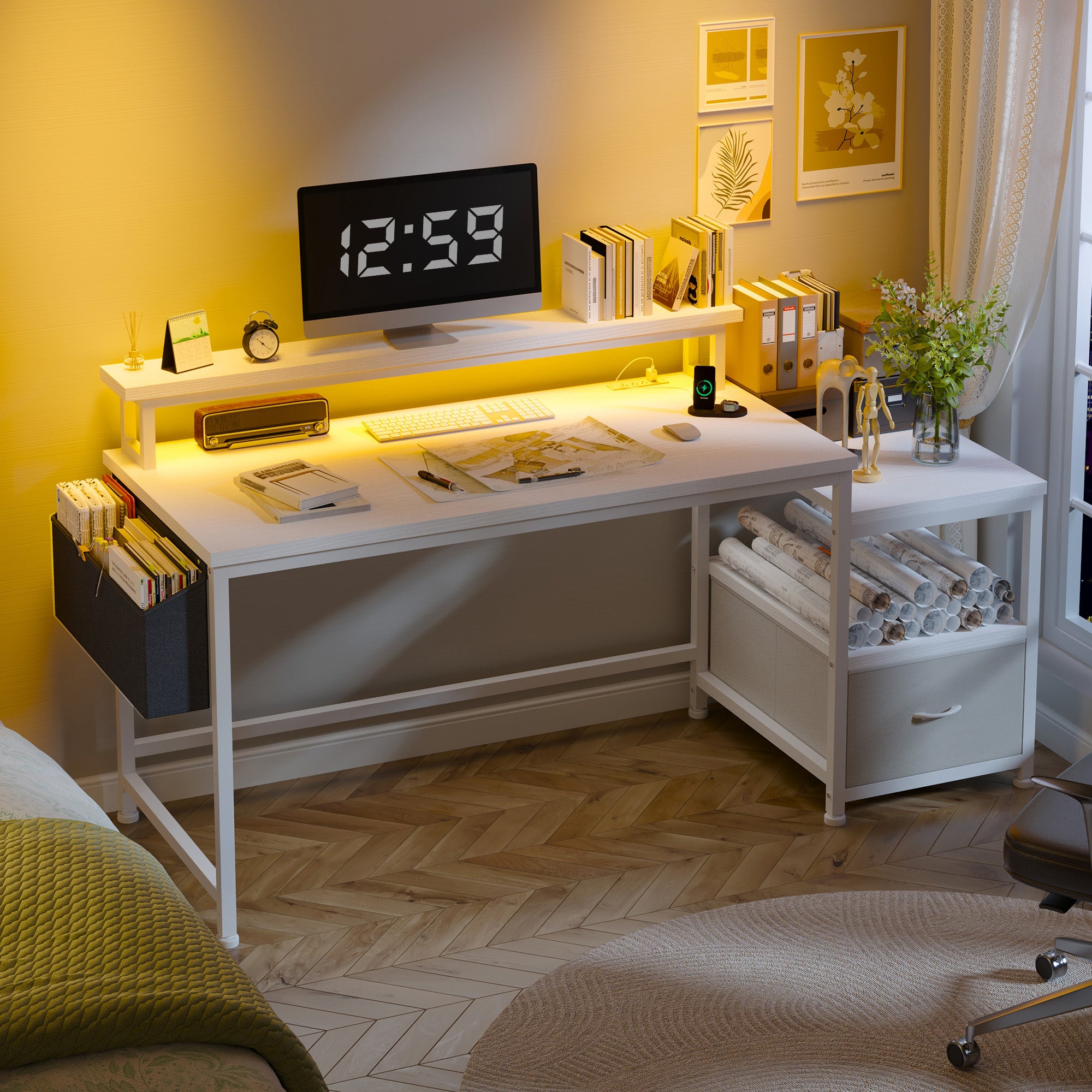 57" Computer Desk with Drawer, Gaming Desk with Moniter Stand, Home Office Desk for Bedroom Dorm