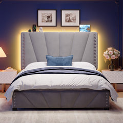 Snhomee LED Platform Bed Frame with Charging Station & Adjustable Velvet Storage Upholstered Headboard - 881LBS Heavy Duty, Noise-Free Platform Bed