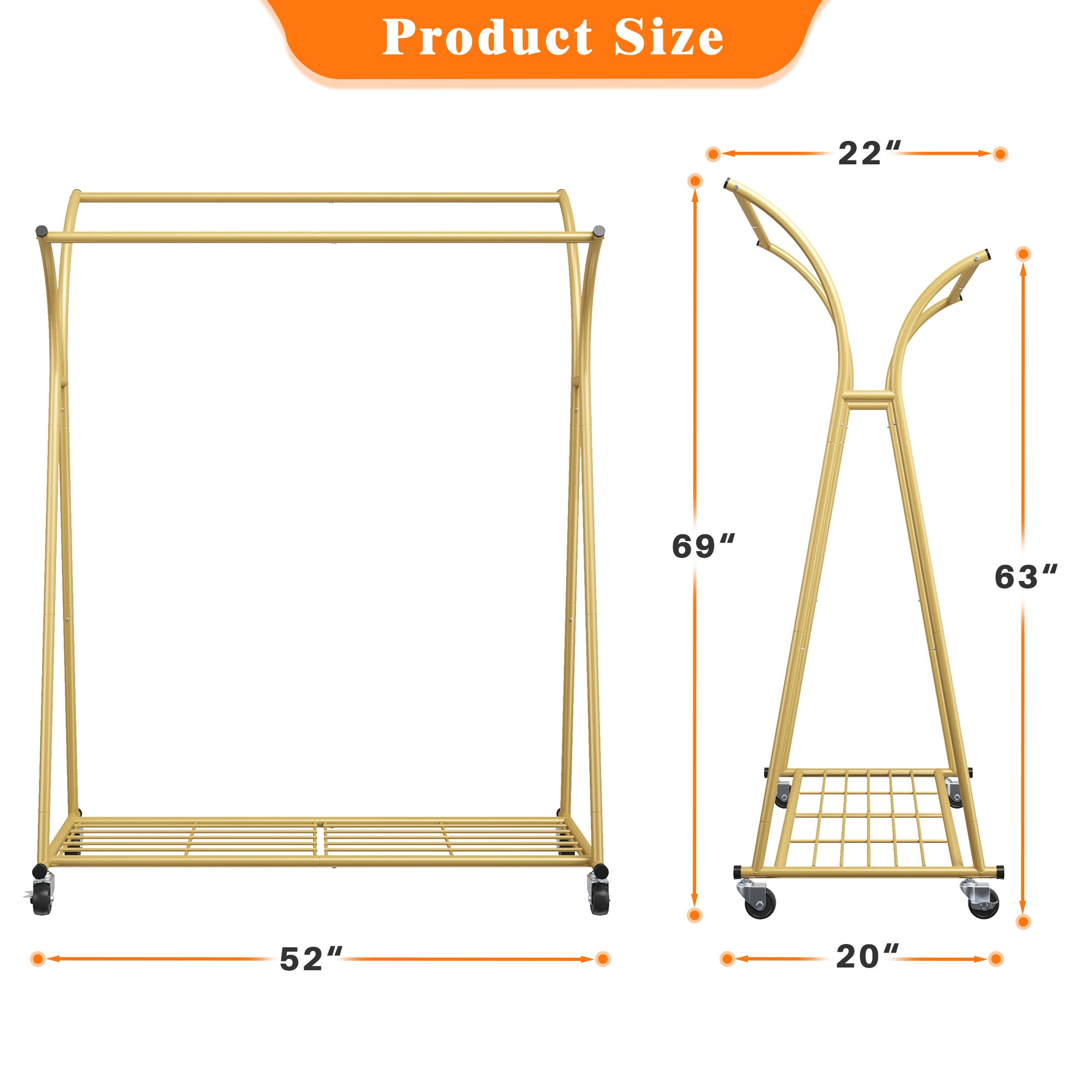 Double-Rod Clothing Rack with Wheels, Rust-Resistant Clothes Rack with Bottom Shelf & Curved Supports for Long Coats