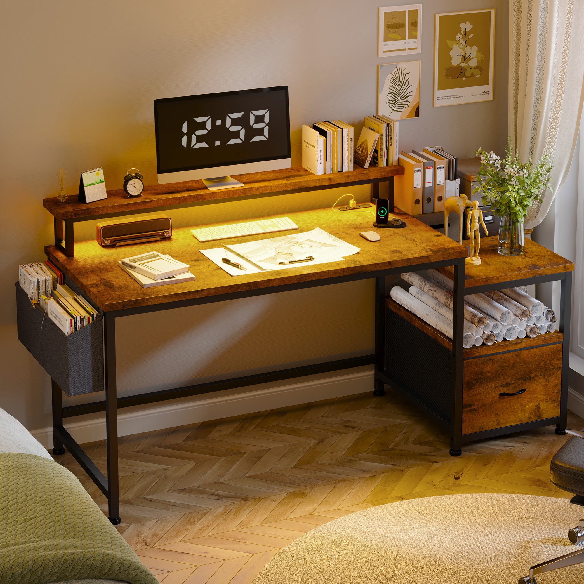 57" Computer Desk with Drawer, Gaming Desk with Moniter Stand, Home Office Desk for Bedroom Dorm