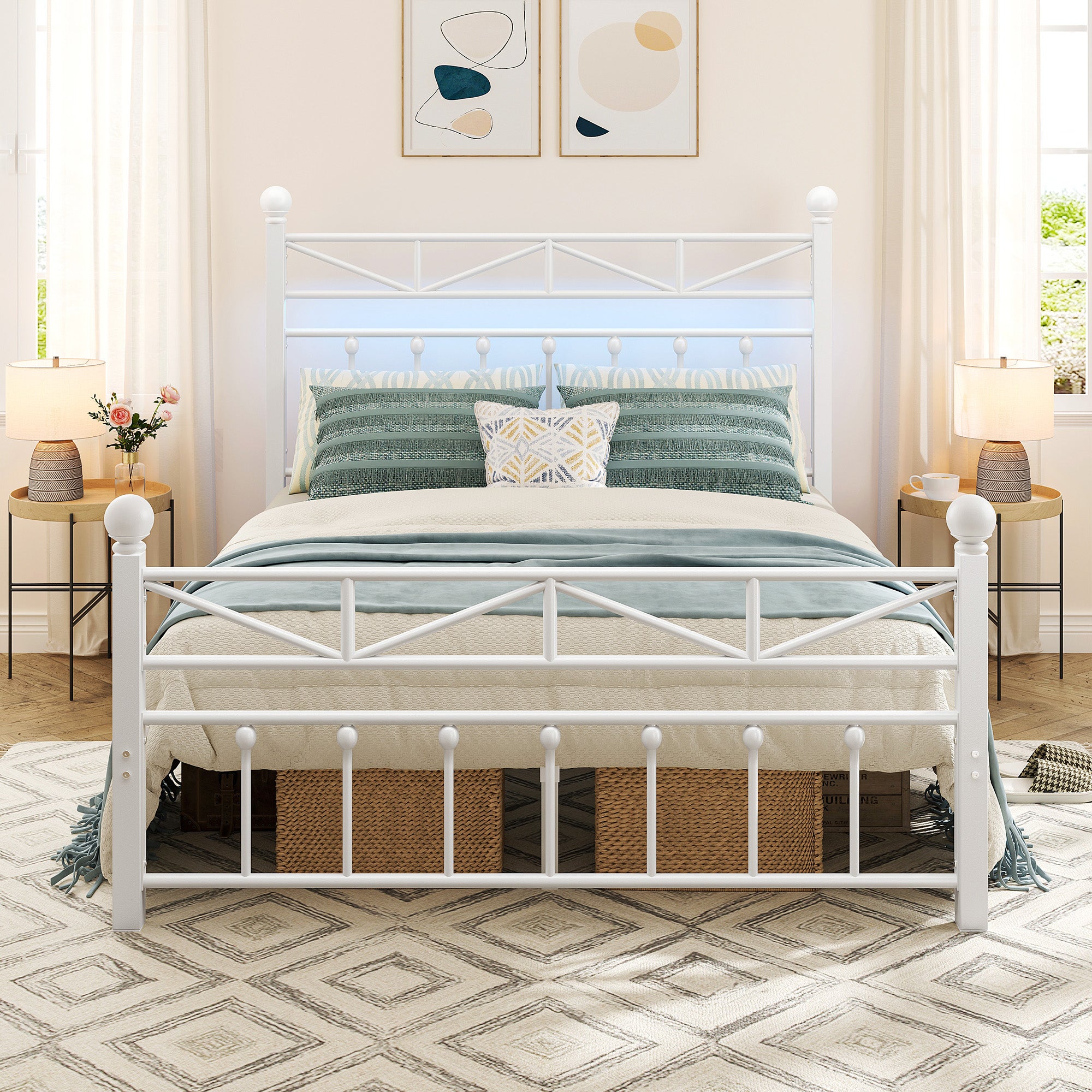 LED Metal Bed Frame with Tall Headboard & Footboard, Vintage Industrial Bed, Under Bed Storage & No Box Spring Needed, Noise-Free Design for Modern & Farmhouse Bedrooms