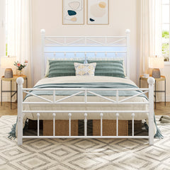 LED Metal Bed Frame with Tall Headboard & Footboard, Vintage Industrial Bed, Under Bed Storage & No Box Spring Needed, Noise-Free Design for Modern & Farmhouse Bedrooms