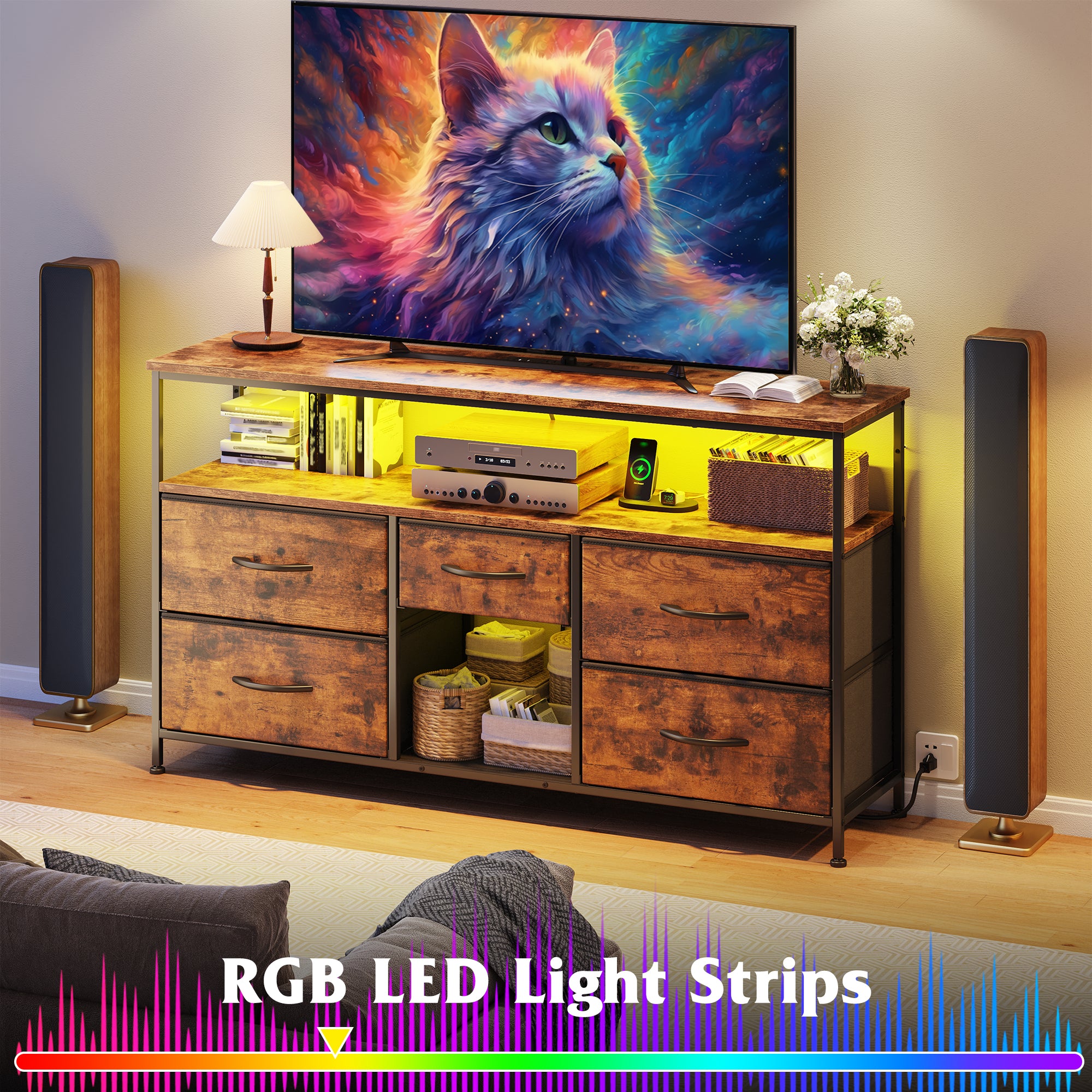 50" LED TV Stand with 5 Drawers & Outlets | Metal Dresser for Bedroom/Living Room-Rustic Brown-snhomee