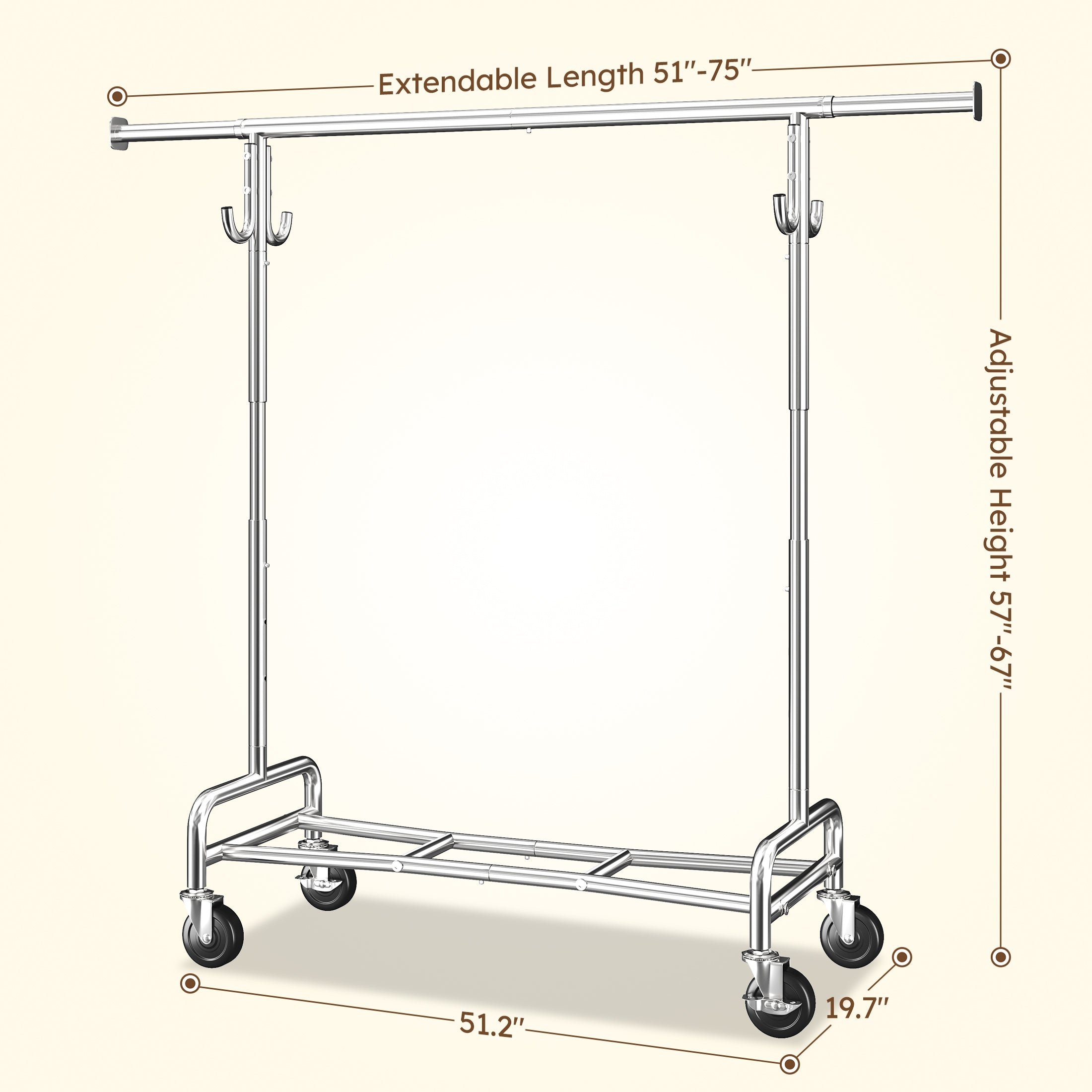 Rolling Clothes Rack with Shelf, Adjustable Clothes Rack with Bottom Shelf & 4 Hooks for Hanging