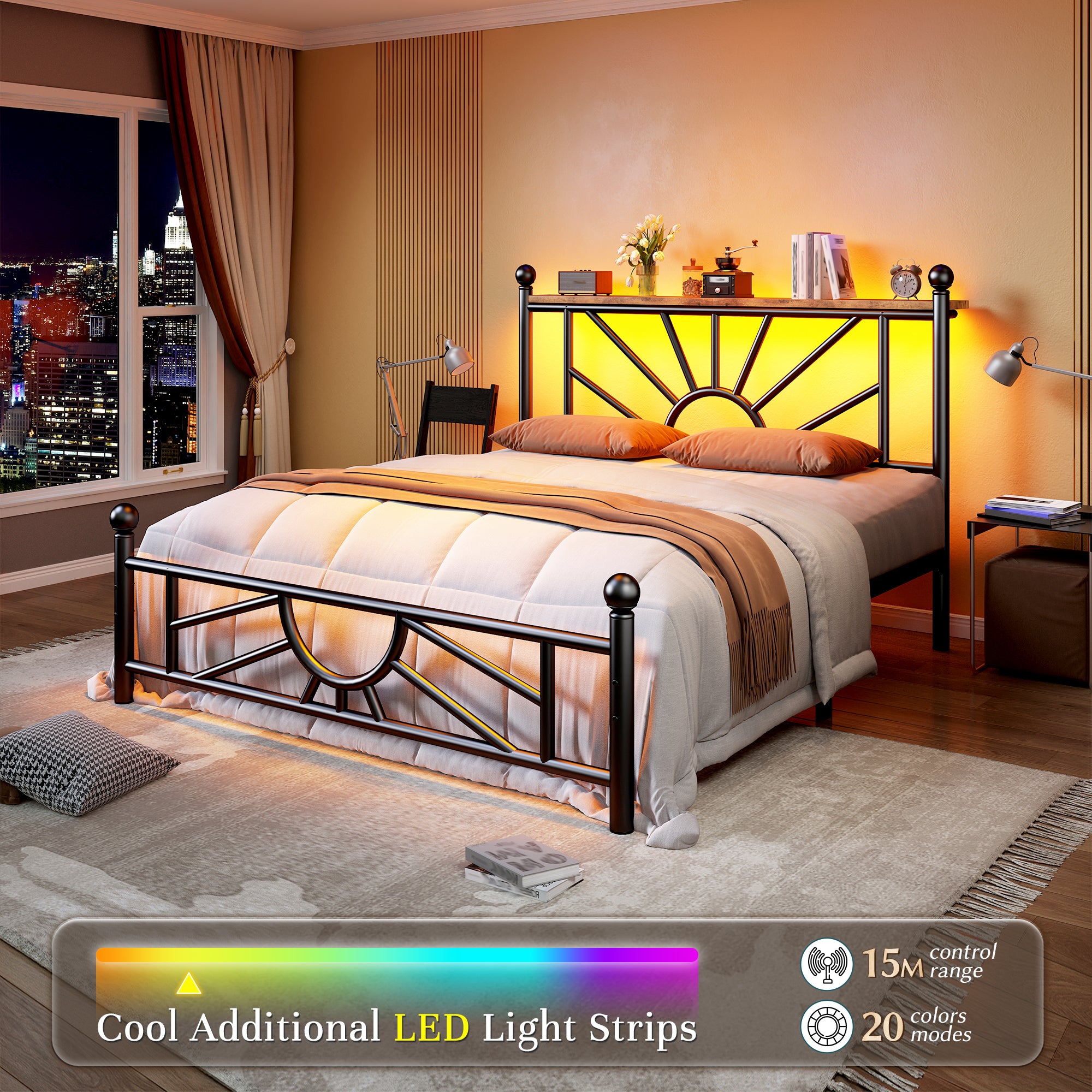 Snhomee Metal Bed Frame with LED Lights Under Headboard&Footboard - 1300LBS Capacity, Underbed Storage, No Box Spring Needed, Noise-Free Design, Back to School Beds Best Choice