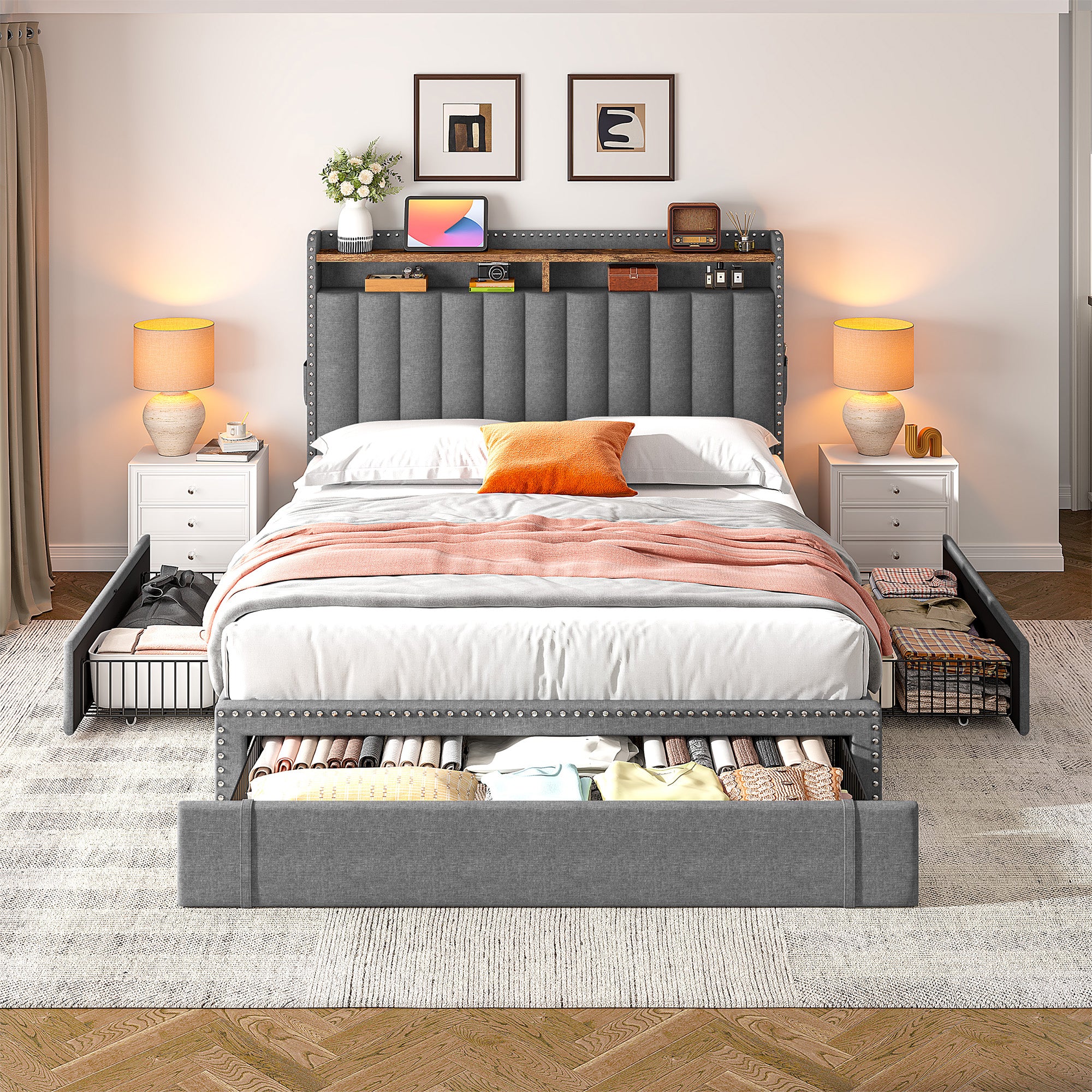 Snhomee Heavy Duty Platform Bed Frame with Storage Drawers - Silent 1200LB Capacity, No Box Spring Needed, Upholstered Headboard