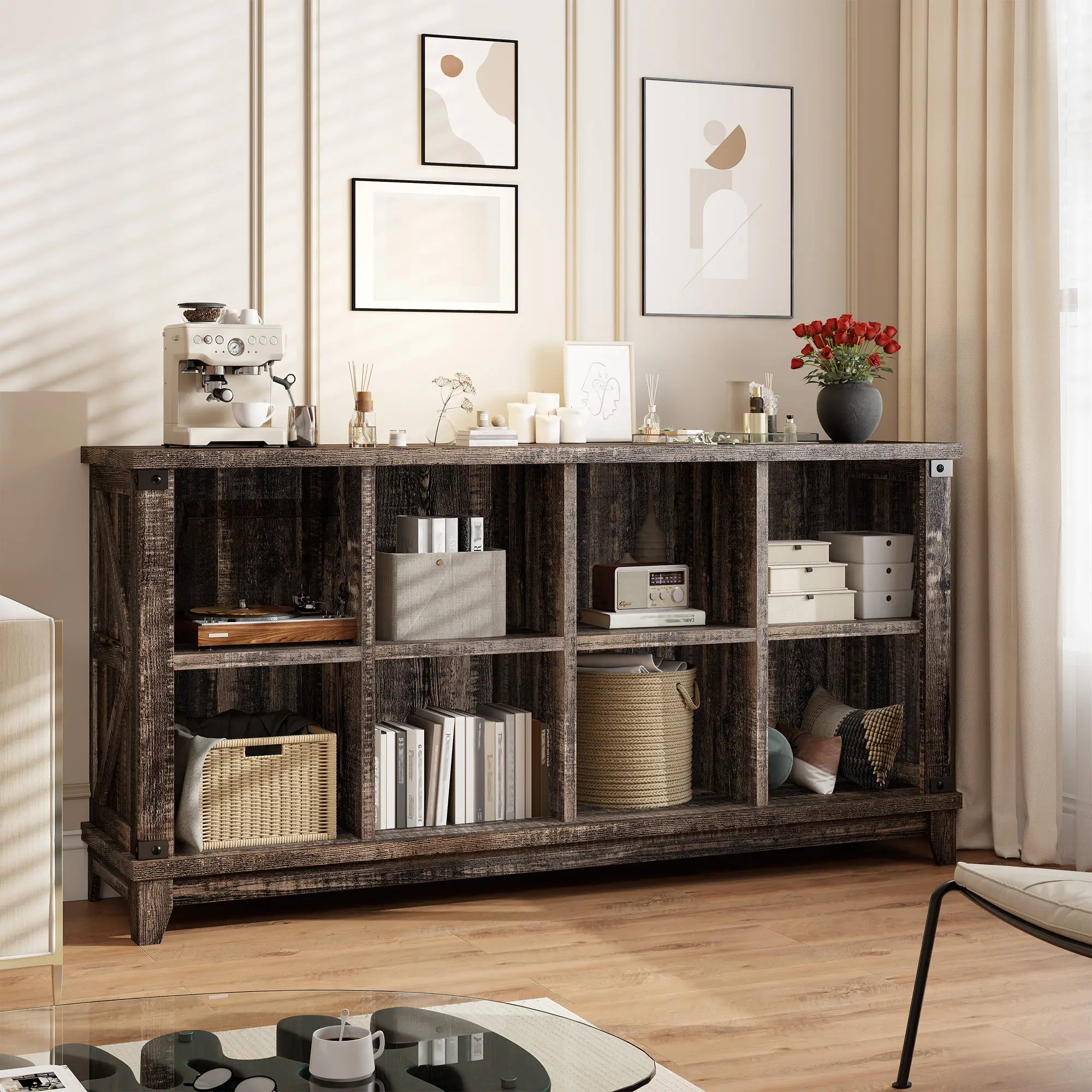 Snhomee 8-Cube Storage Organizer – Heavy Duty Rustic Farmhouse Wood Bookshelf for Bedroom, Living Room & Office