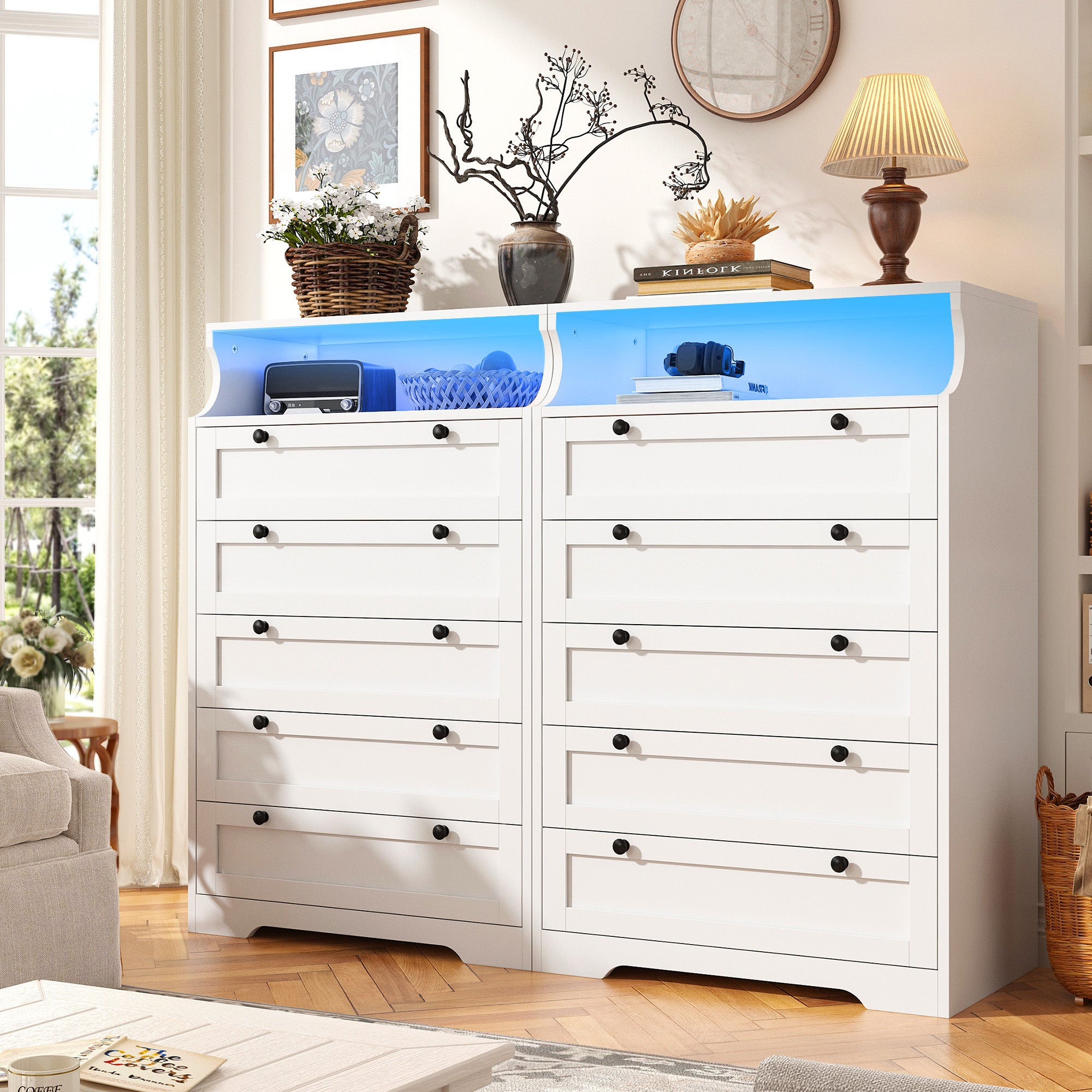 48"H 5-Drawer Wood Dresser and Chest with LED Lights for Bedroom