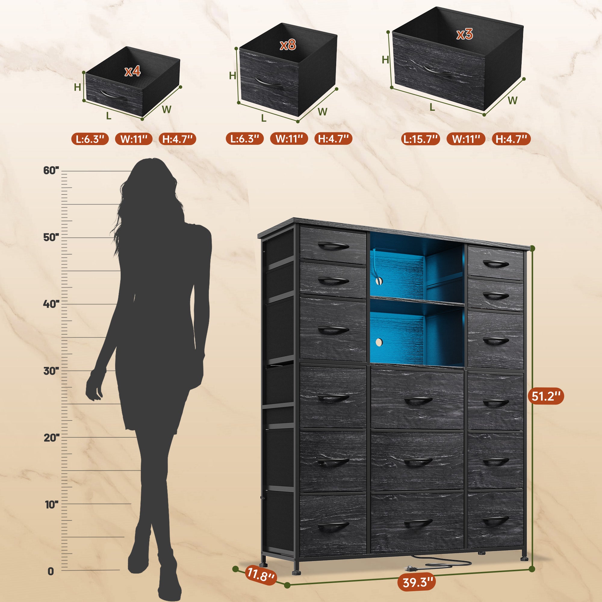 51" Tall Dresser with 15 Drawers & Charging Station | LED Lighting & Built-in Hutch | Steel Frame & Wood Top Bedroom Storage-Black-snhomee