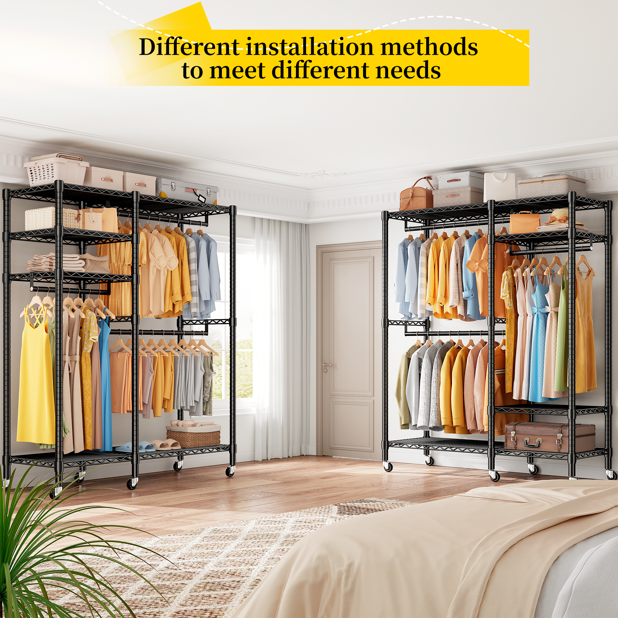 Snhomee 780lbs Heavy Duty Clothes Rack with Wheels, Freestanding Portable Closet, Rolling Garment Rack For Hanging-Home Storage > Clothes Rack-wheels-Black-snhomee