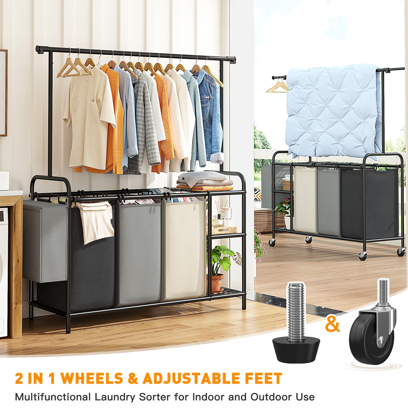 Snhomee 200L Rolling Laundry Sorter with Hanging Bar & 3 Bags - Wheeled Hamper Organizer