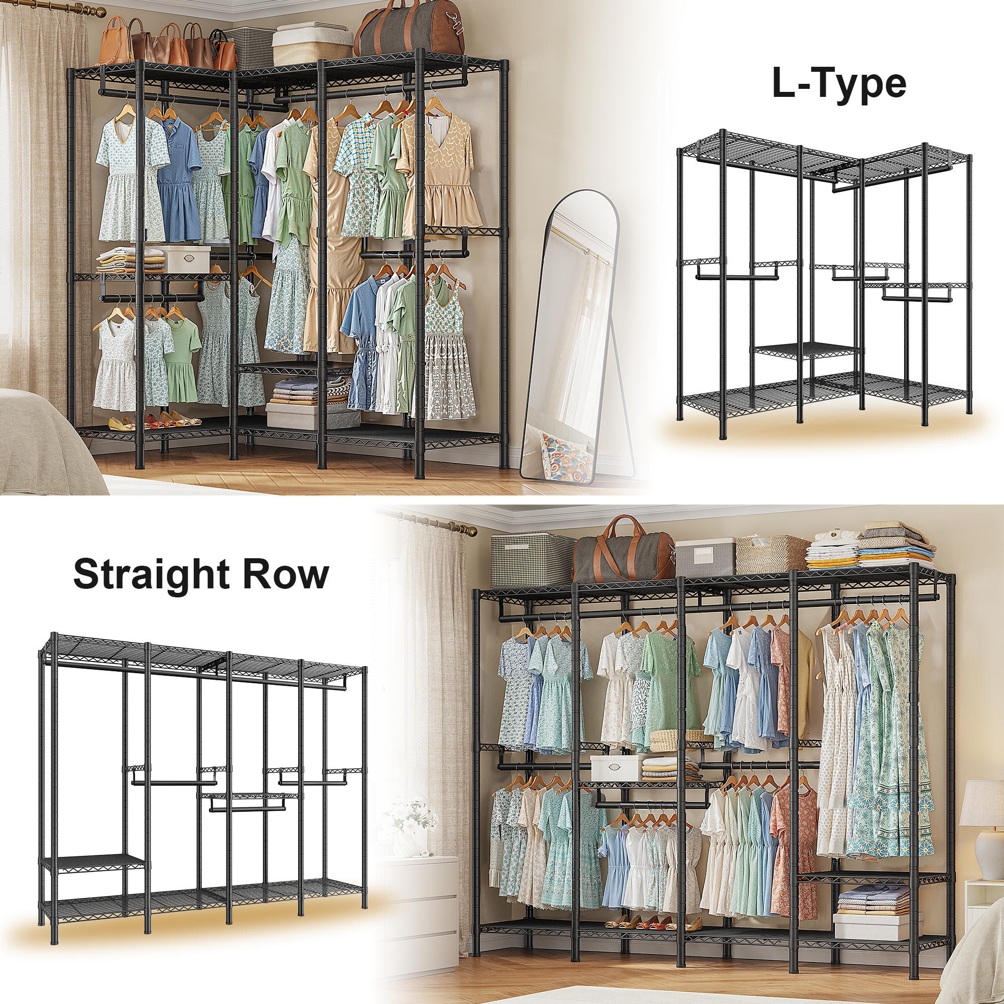 Snhomee 76"W 1100LBS Heavy Duty Clothing Rack with Shelves Metal Clothes Hanger Rack for Hanging Clothes-Home Storage > Clothes Rack-Black-snhomee