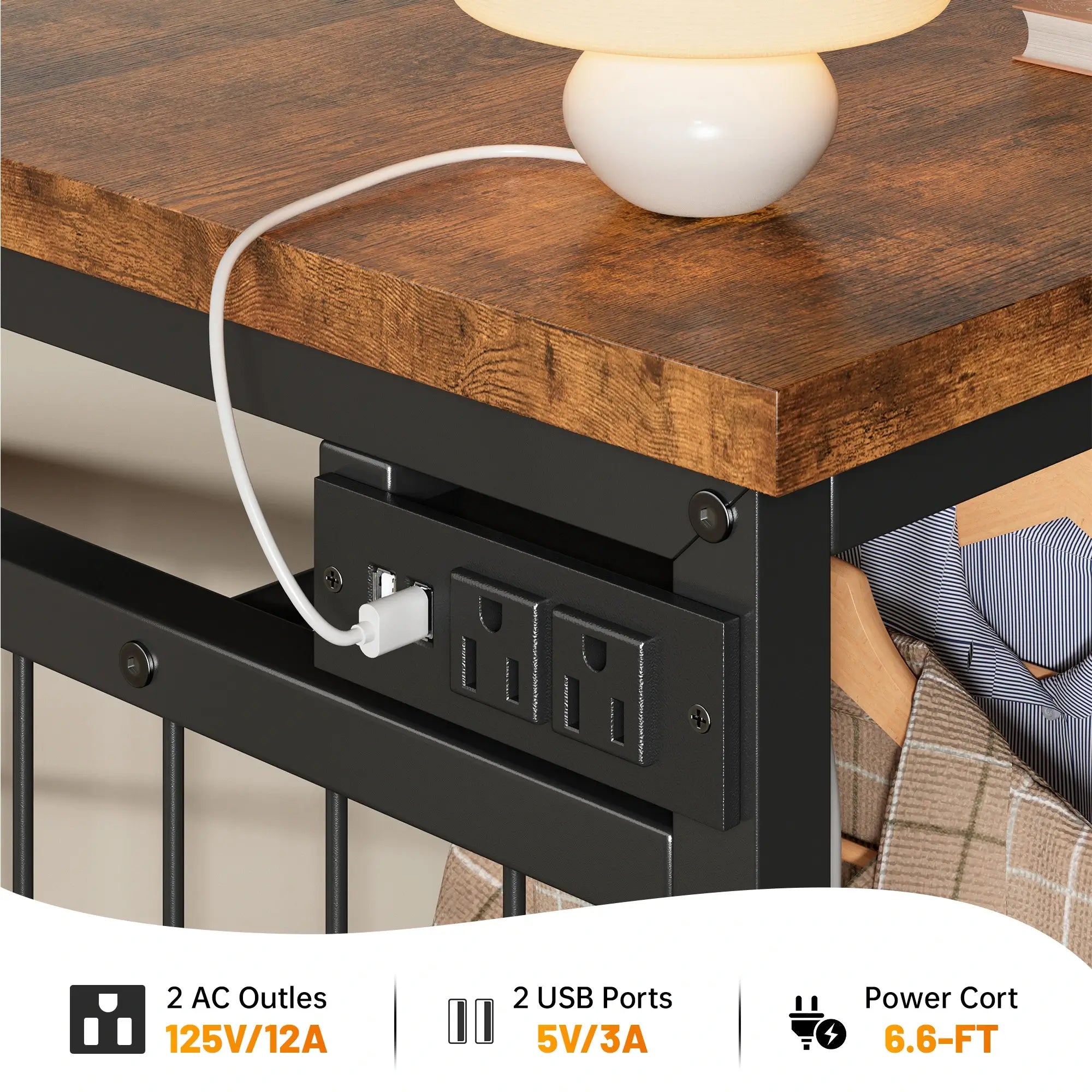 Snhomee 49.2" W Dresser with Hanging Rack & LED Lights - 6-Drawer Storage + Charging Station for Bedroom/Closet/Dorm, Rustic Brown, Space-Saving‌&Dorm Essential‌