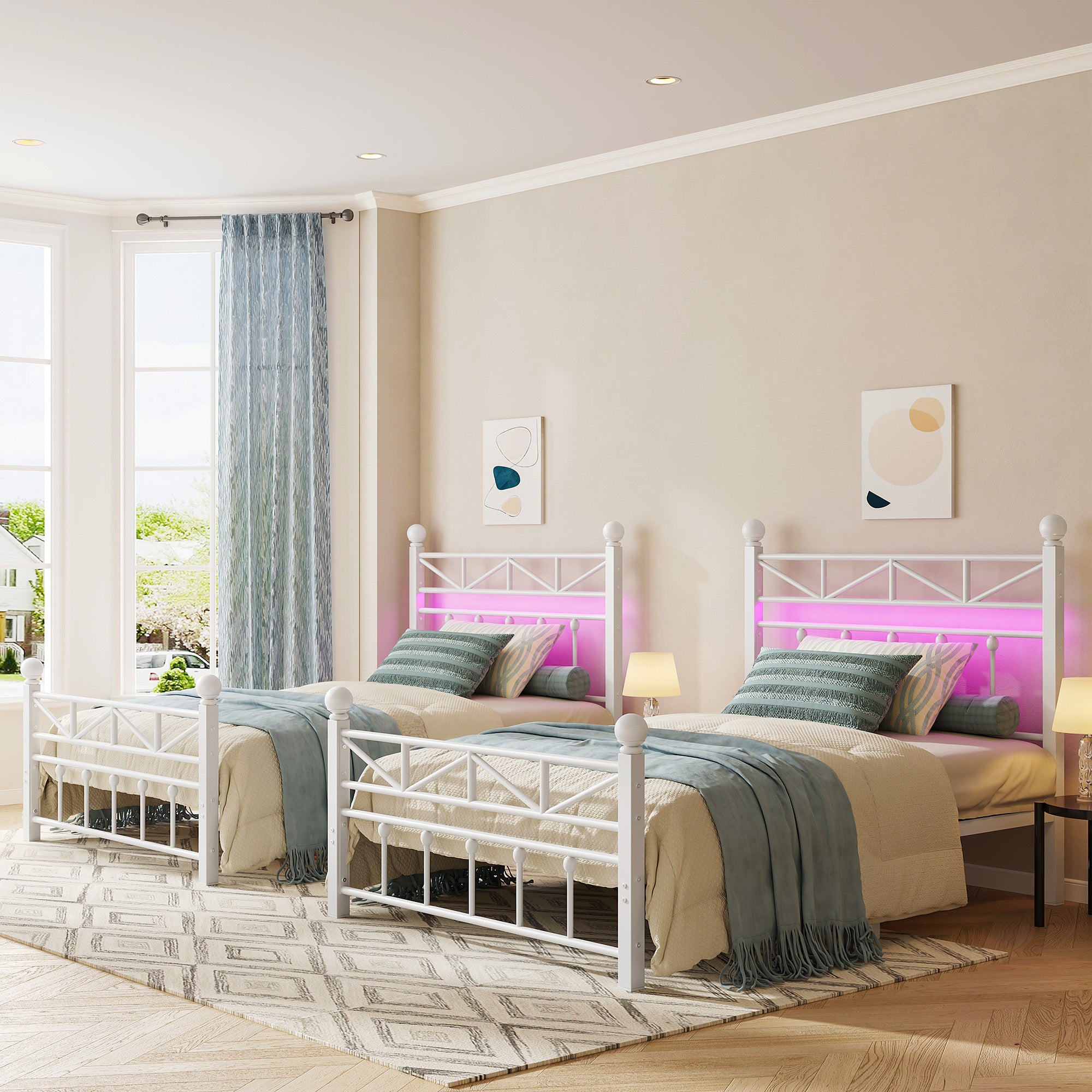 LED Metal Bed Frame with Tall Headboard & Footboard, Vintage Industrial Bed, Under Bed Storage & No Box Spring Needed, Noise-Free Design for Modern & Farmhouse Bedrooms
