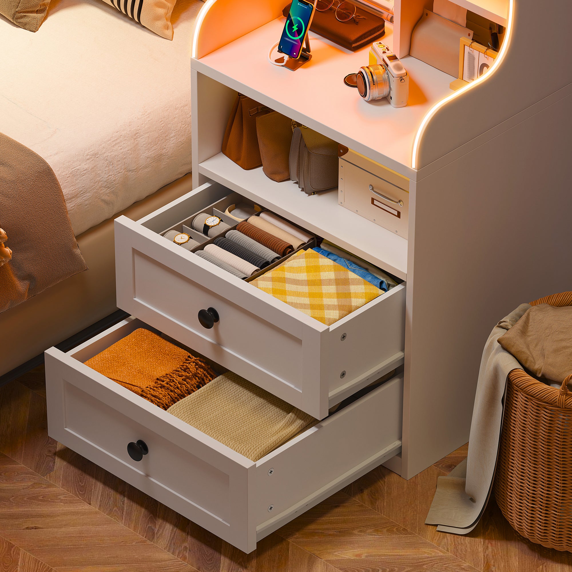 Tall White LED Nightstand with USB Charging Station & Outlets | 2 Drawers & Open Shelves Farmhouse Style Bedside Table | Wood & Metal Frame-White-snhomee