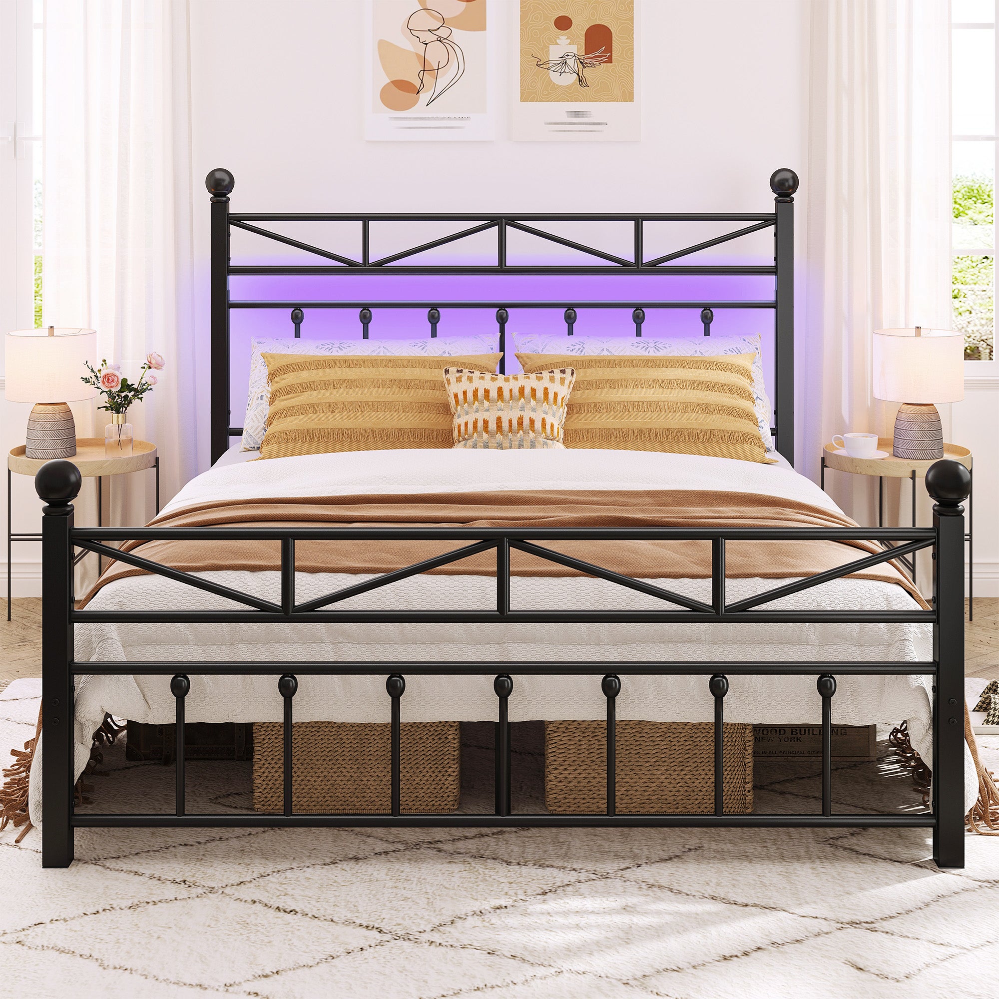 54" Queen Size Metal Bed Frame with LED Lights | Headboard & Footboard | Under Bed Storage & Noise-Free Design-Queen-Black-snhomee