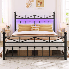 54" Queen Size Metal Bed Frame with LED Lights | Headboard & Footboard | Under Bed Storage & Noise-Free Design-Queen-Black-snhomee