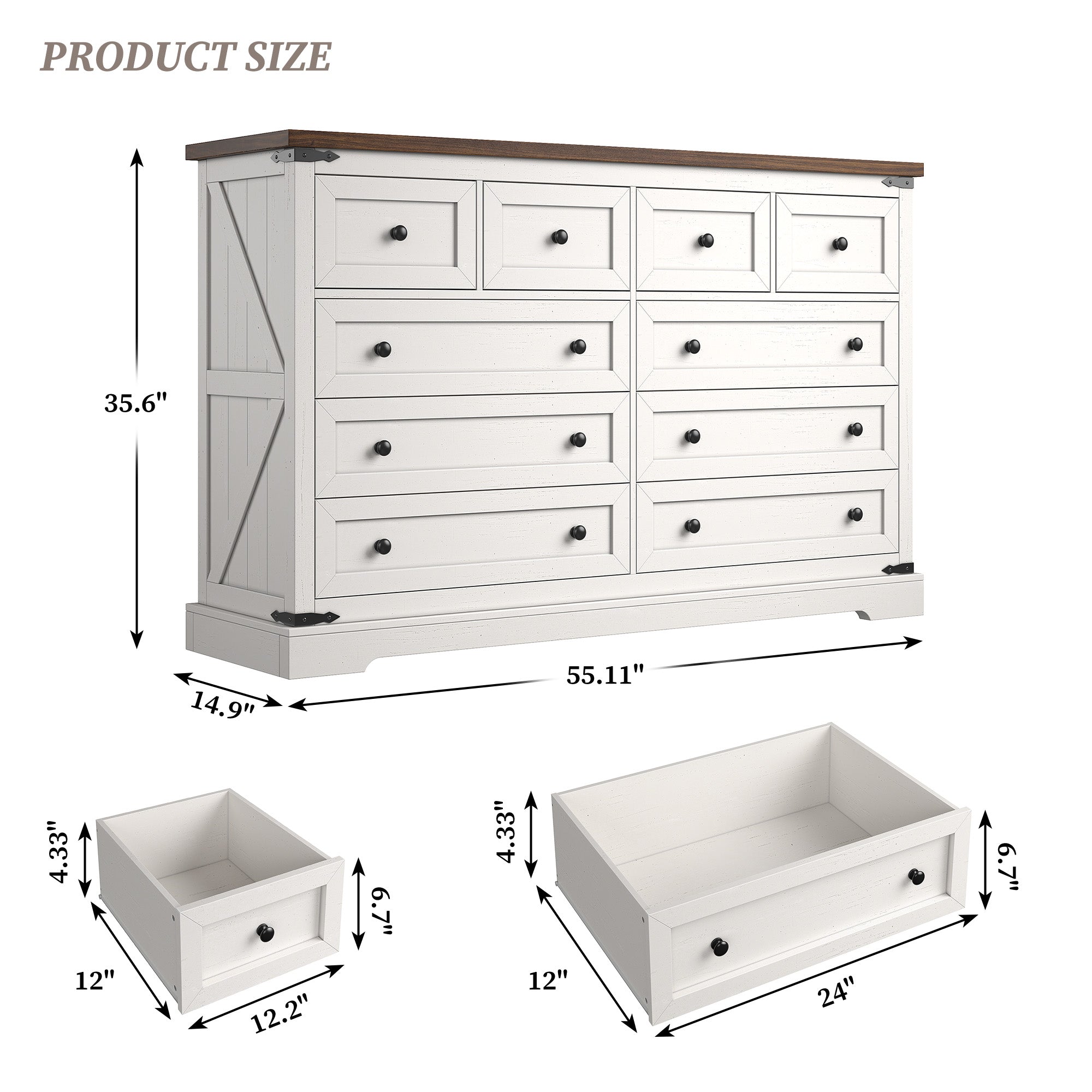10-Drawer Farmhouse Dresser with Metal Rails - 55" Wide Bedroom Storage & TV Stand, 36"H x 15"D-White-snhomee