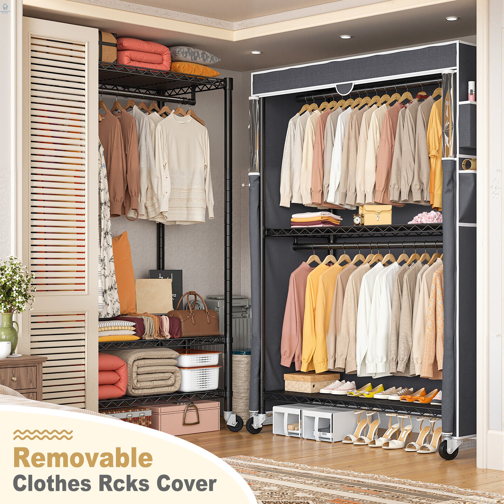 Snhomee 445LBS Heavy Duty Clothing Rack with Wheels Cloth Rack with Cover