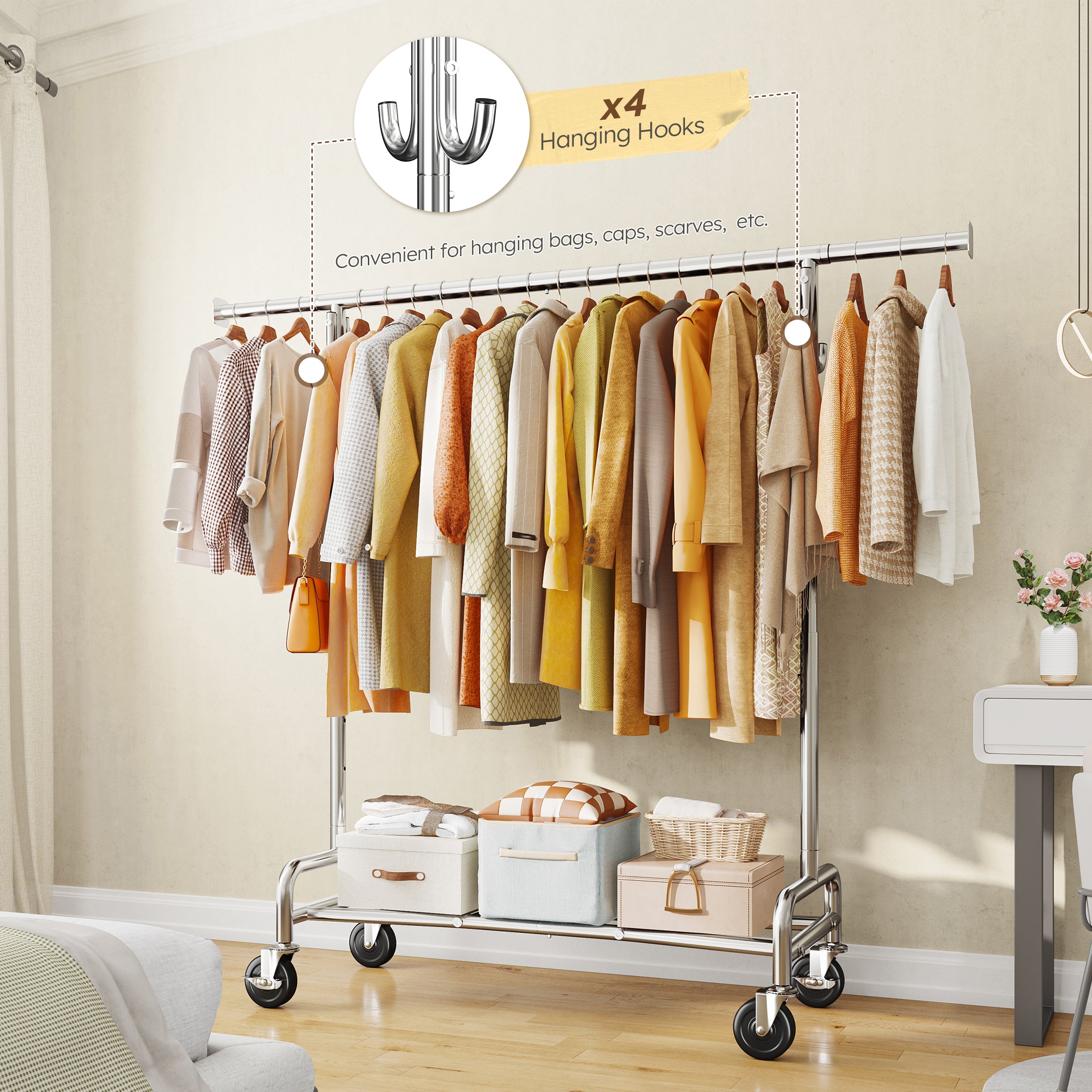 400LB Heavy Duty Rolling Clothes Rack | Adjustable Garment Rack with Wheels & Shelf | Portable Chrome Metal Frame for Commercial & Home Use-snhomee