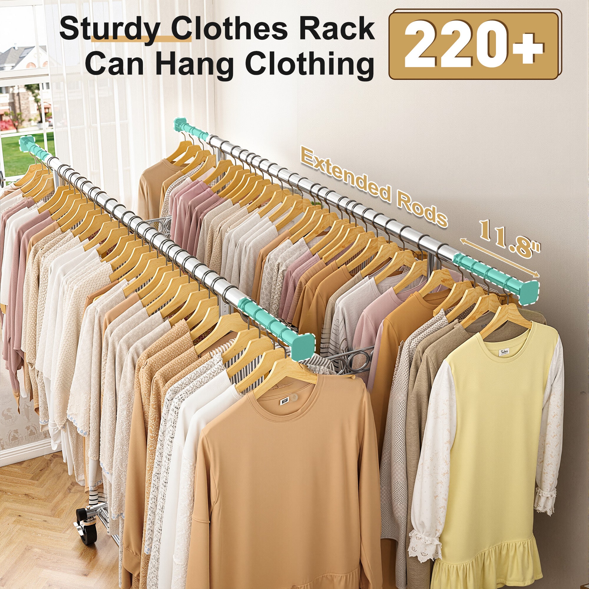 Snhomee Rolling Clothes Rack with Wheels 630LBS Heavy Duty Metal Clothes Rack for Hanging-Home Storage > Clothes Rack-(51"-75”)W x 22"D x (58"-68")H-snhomee