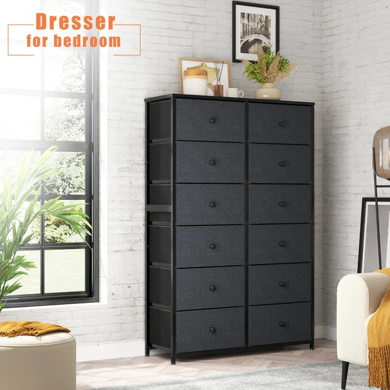 Tall Dresser for Bedroom with 12 Drawers, Wooden Top and Metal Frame, Fabric Bedroom Dressers & Chests of Drawers, Dark Grey-Furniture > Dresser-snhomee