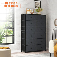 Tall Dresser for Bedroom with 12 Drawers, Wooden Top and Metal Frame, Fabric Bedroom Dressers & Chests of Drawers, Dark Grey-Furniture > Dresser-snhomee