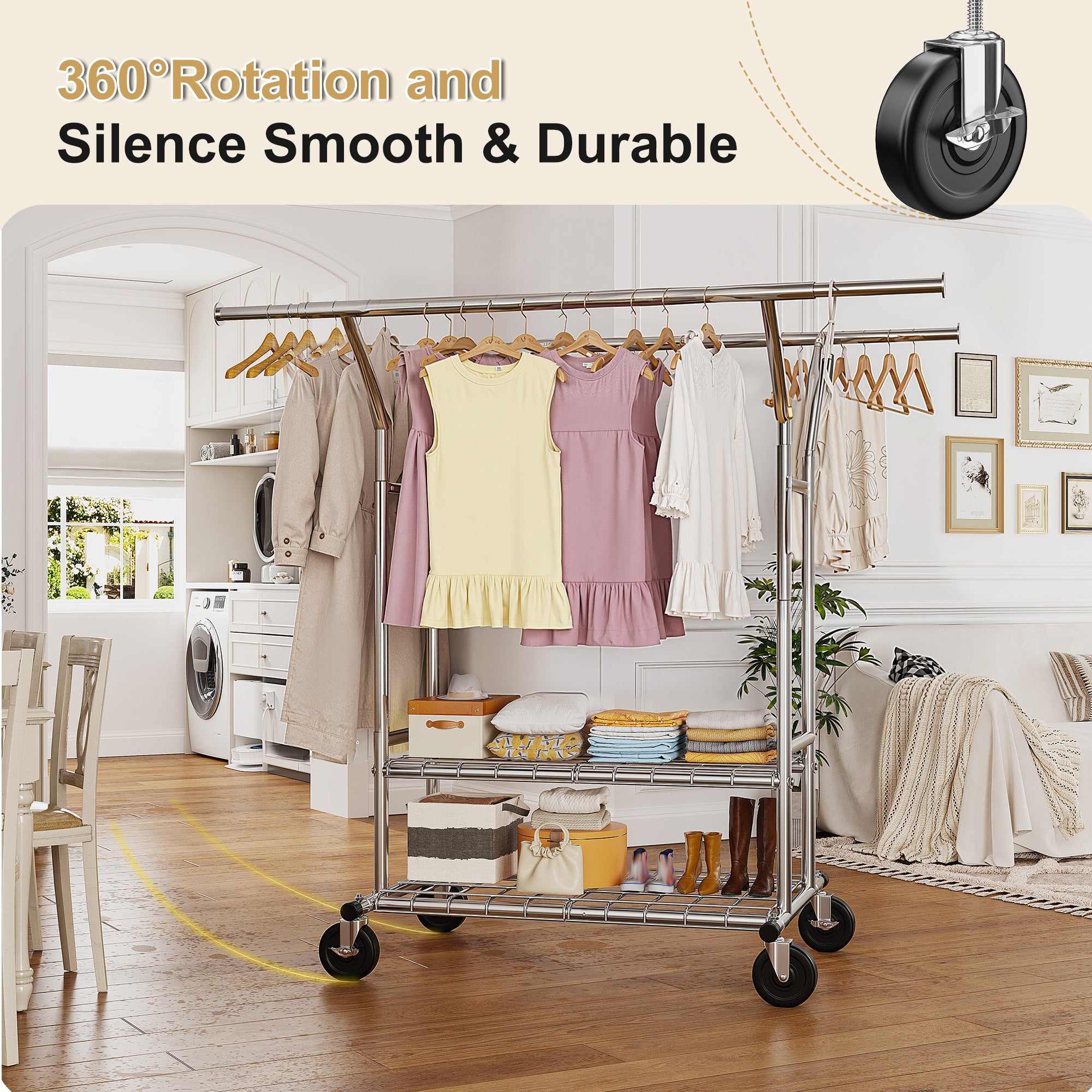 Snhomee Clothing Rack on Wheels load 635lbs, Heavy Duty Clothes Rack, Metal Clothing Rack with Shelves,Commercial Garment Rack-Home Storage > Clothes Rack-snhomee