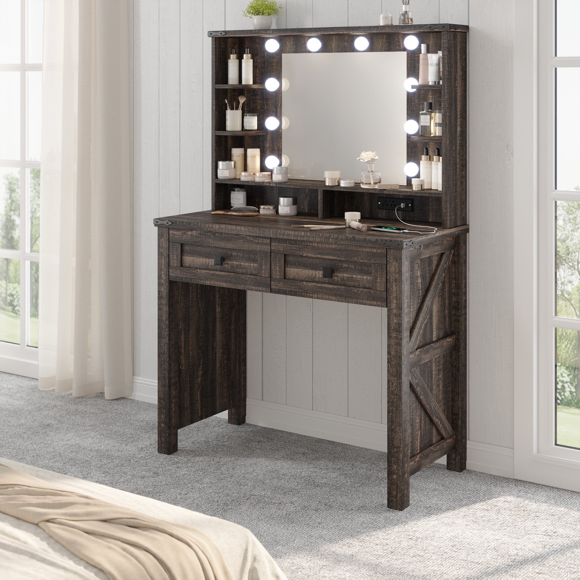 Farmhouse Makeup Vanity Desk with LED Mirror & Charging Station – 31.5" Wide, Adjustable 3-Color Lighting, 2 Storage Drawers & Shelves (Stool Not Included)