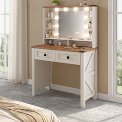 Farmhouse Makeup Vanity Desk with LED Mirror & Charging Station – 31.5" Wide, Adjustable 3-Color Lighting, 2 Storage Drawers & Shelves (Stool Not Included)