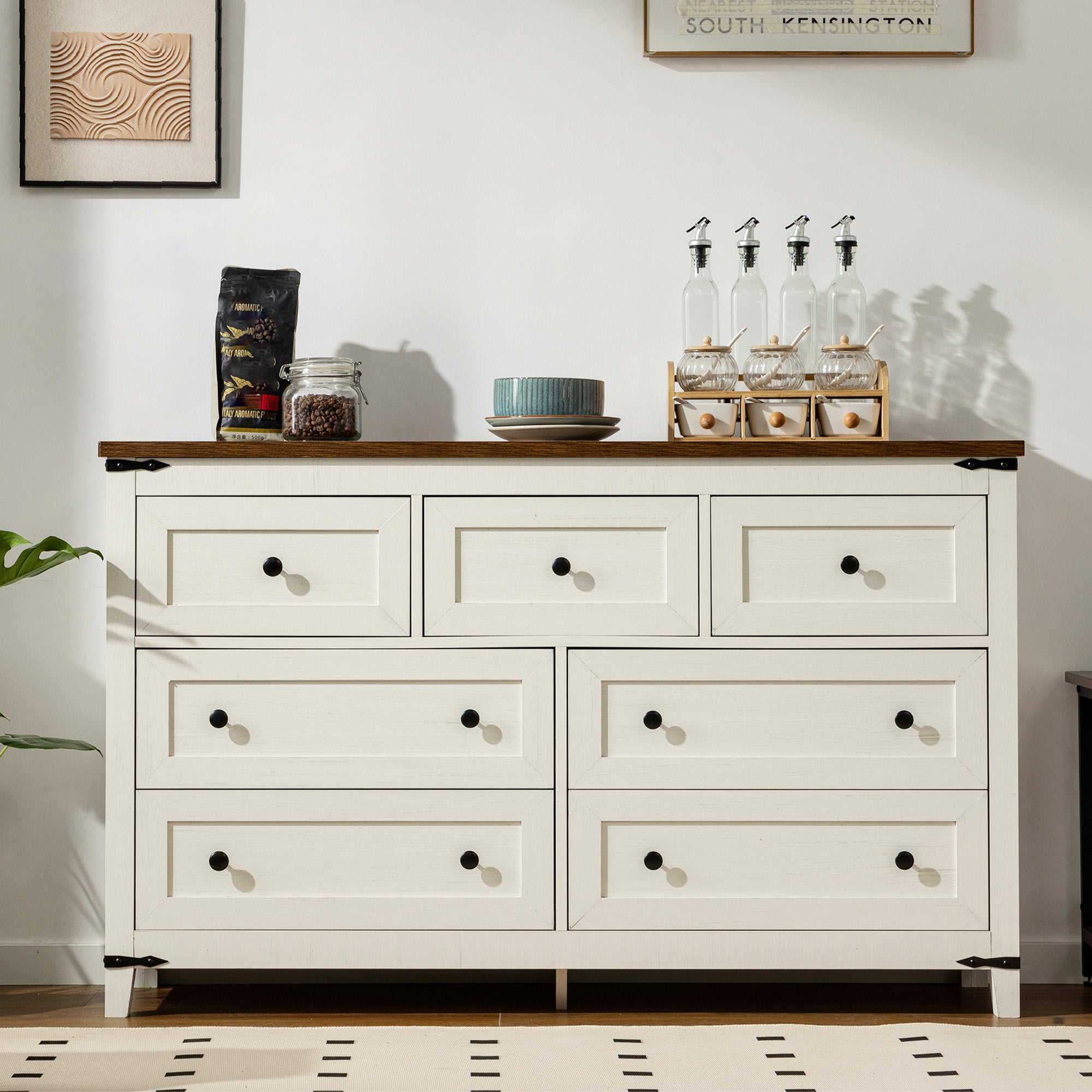 Antique White 7-Drawer Dresser & TV Stand with Metal Glide - 51" Wide Multi-Room Storage-Antique White-snhomee