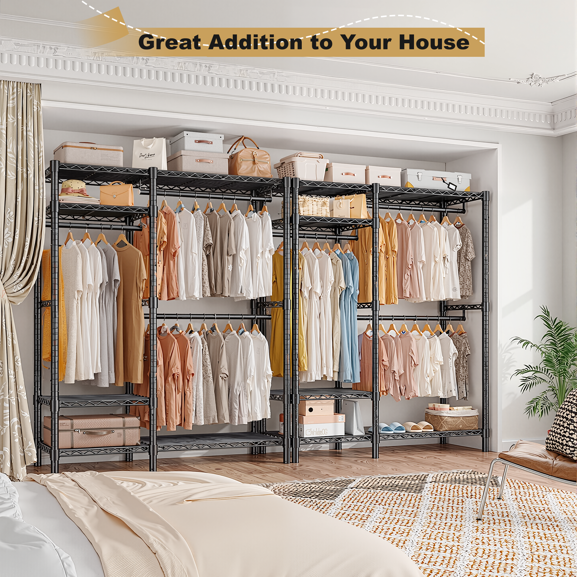 Snhomee 780lbs Heavy Duty Clothes Rack with Wheels, Freestanding Portable Closet, Rolling Garment Rack For Hanging-Home Storage > Clothes Rack-wheels-Black-snhomee