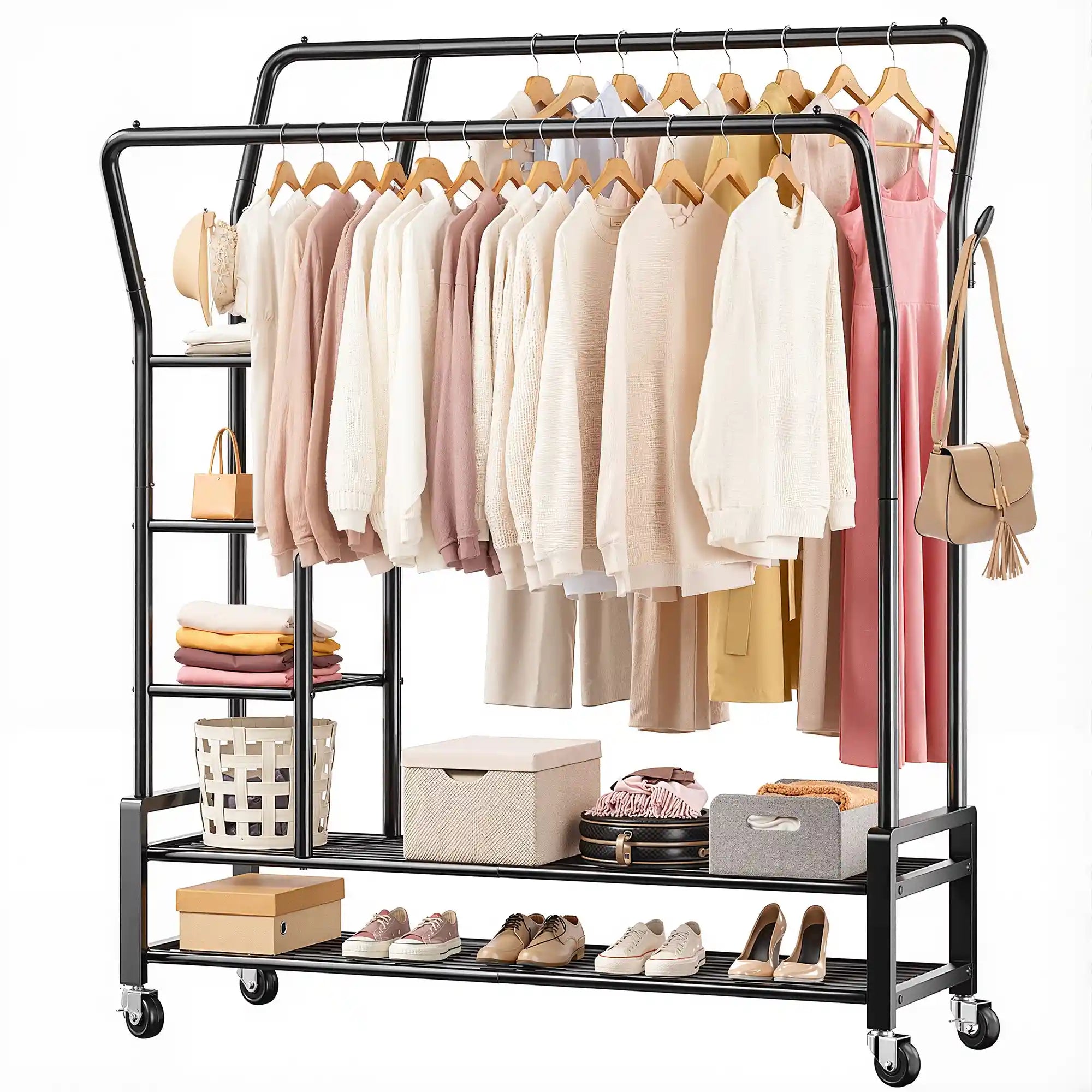 Snhomee Portable Rolling Clothes Rack with Shelves,Clothes Hanging Rack with Wheels, For Commercial&Bedroom
